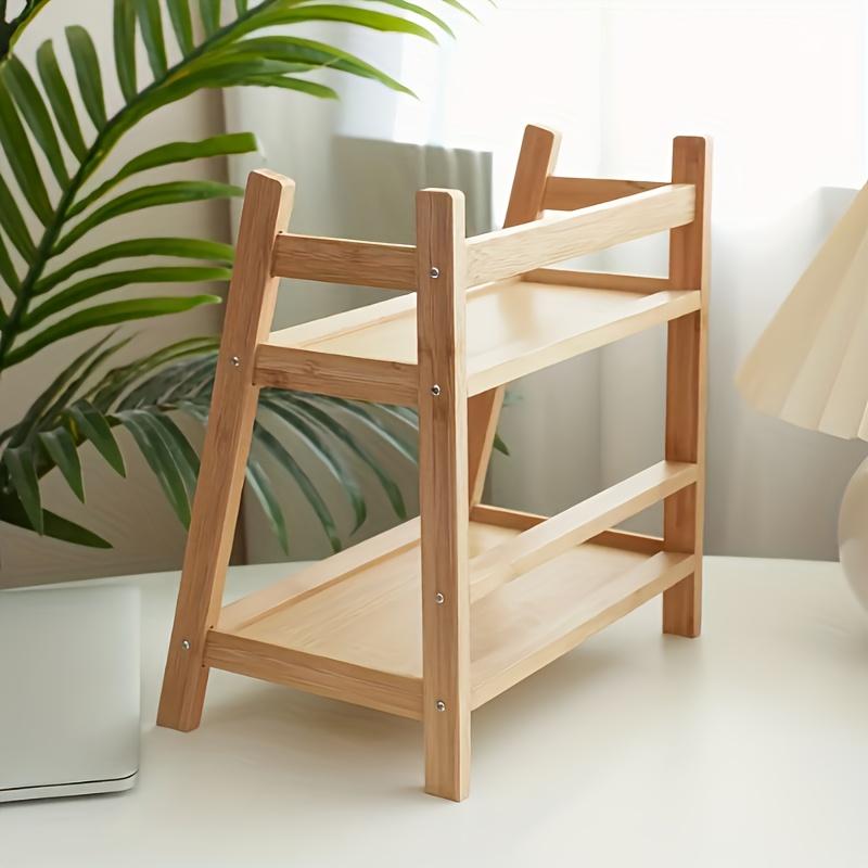 A 2-tier trapezoid cup holder/storage rack, a desktop easy-to-use multifunctional household cup storage bamboo cup rack, with natural wood surface treatment, easy to assemble, suitable for kitchen, dining room, office storage, multifunctional storage rack