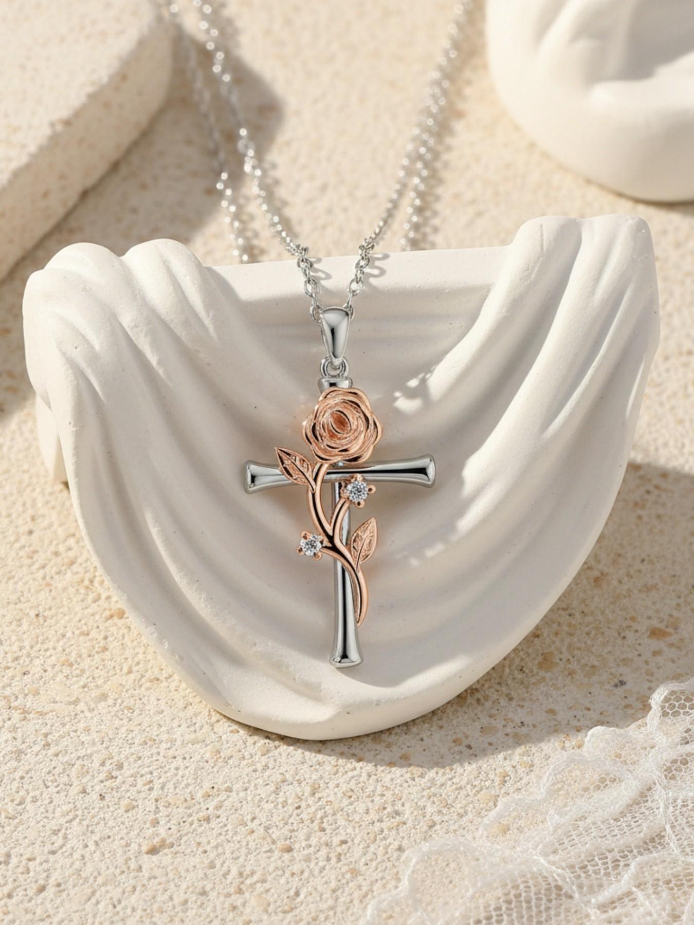 Blazing Rose Vow · Silver Rose Premium and stylish rose & cross necklace, elegant and fashionable.Paired with a surprise double-door preserved rose jewelry gift box.Ideal gift for birthdays, Mother’s Day and Valentine’s Day.