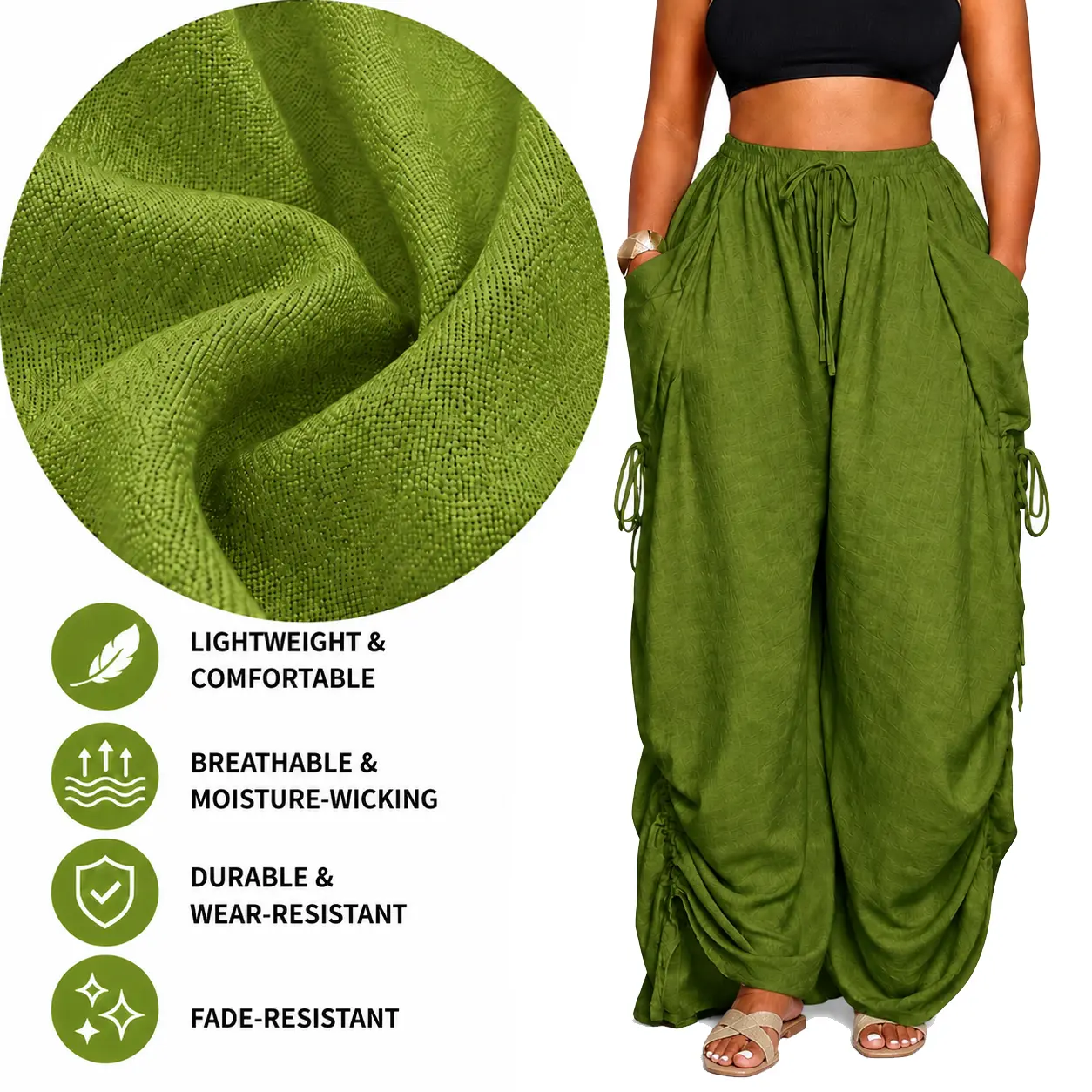 Women's Plus Size High-Rise Waist Bottoms, Lightweight Elastic Waist Drawstring Full-Length Ruched Sides Pants with Functional Pockets, Casual Wide Leg Parachute Sweatpants for Summer