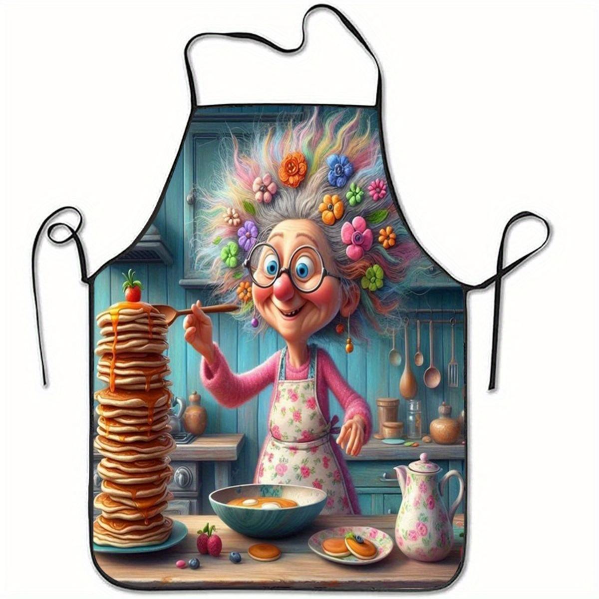 1pc Whimsical Grandma Stacking Pancakes Print Polyester Apron - Durable Unisex Kitchen Baking Coffee Work Apron with Floral Accents, Comfortable for Home & Cafe Use, Playful Kitchenwear