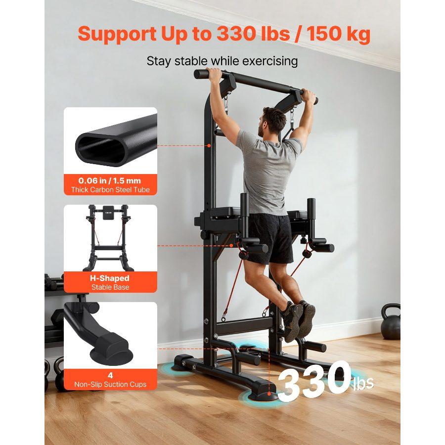 VEVOR Pull Up Bar, 330 LBS Power Tower Dip Station, Workout Dip Station with H-Shaped Stable Base Back Pad, Adjustable 12 Level Height Free Standing Chin Up Bar for Back, 4-Level Adjustable Back Pad
