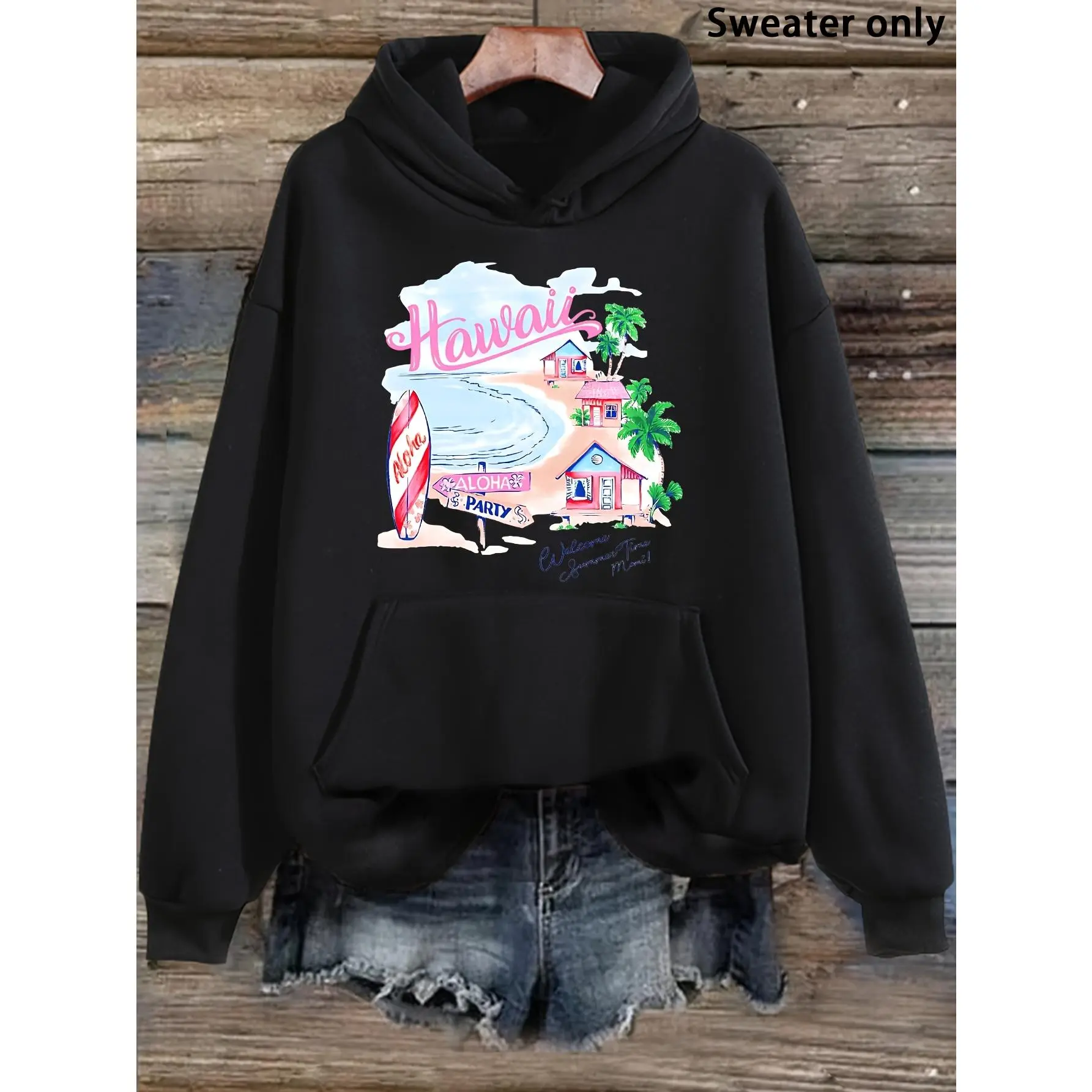 Women'S Hoodie "Hawaii Aloha Party" Watercolor Beach Print Casual Pullover