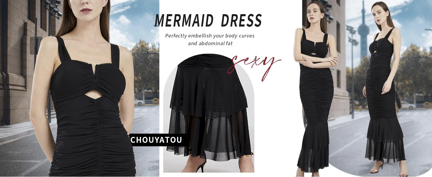 Chouyatou Womens Strenchy Ruched Bodycon Cocktail Party Dress Maxi Mermaid Corset Dress Evening Gown
