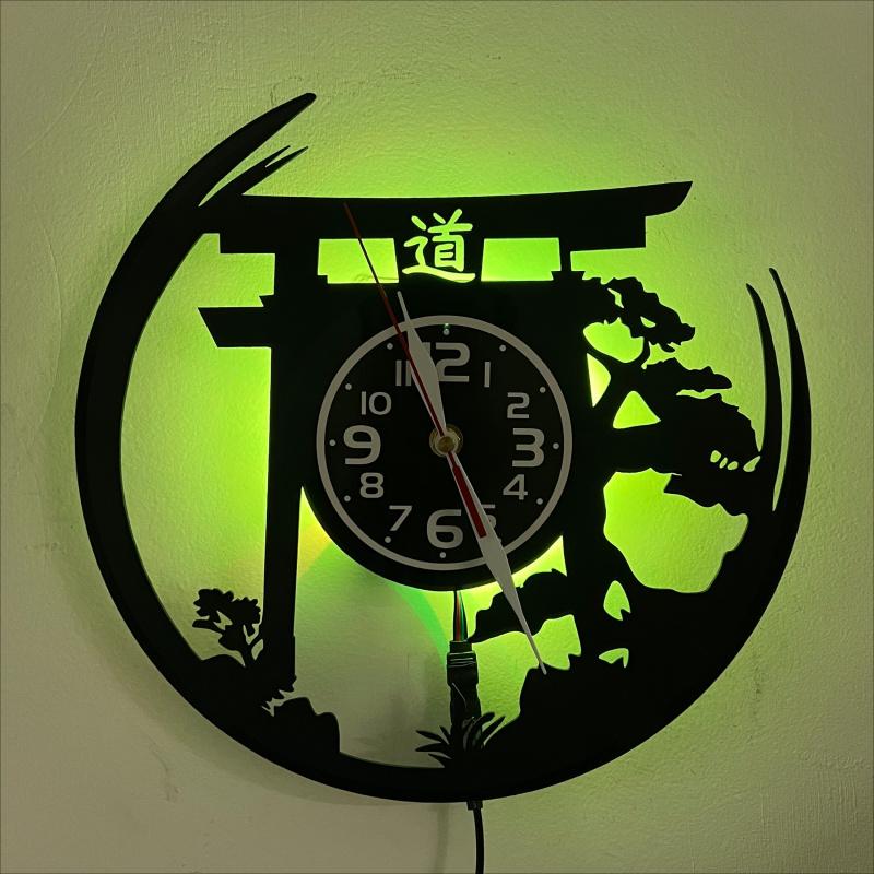 Art Deco Japanese Bonsai Tree Torii Gate Vinyl Record Wall Clock 7 Color LED Lights Indoor Outdoor Elegant Decor (Battery Not Included)