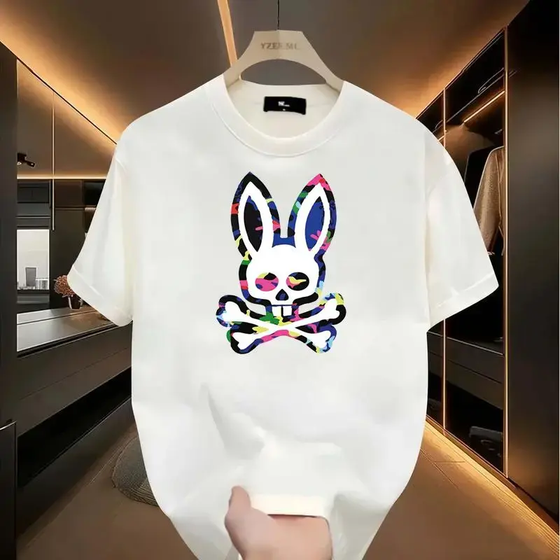 Casual Loose-Fit Pure Cotton Crew-Neck Short-Sleeve Top — Men's Colorful Skeletal Rabbit Graphic T- vintage shirts