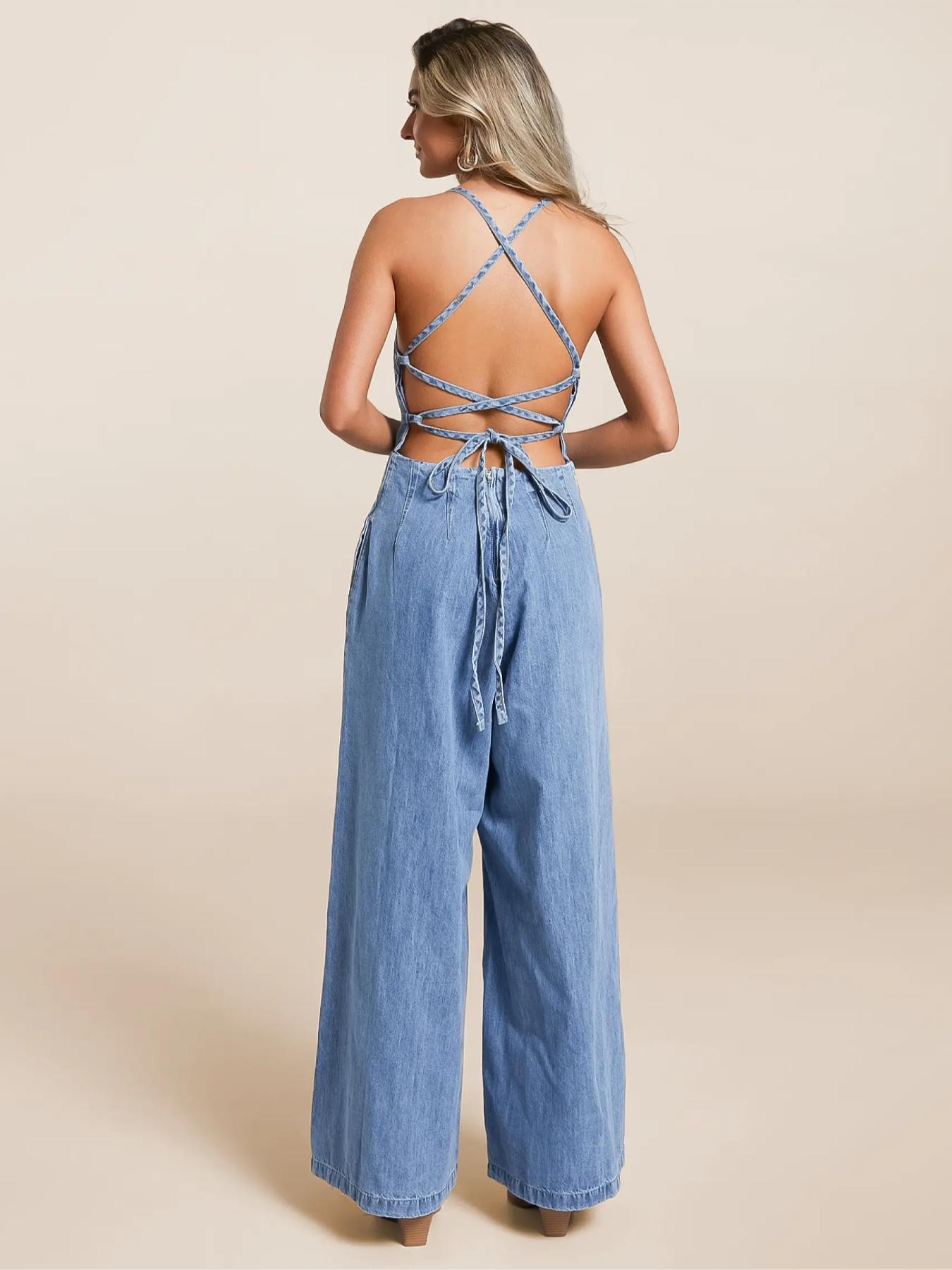 Women's   Tie Back   Denim Jumpsuit, Casual Fashion Wide Leg Jumpsuit for Daily Wear, Ladies Clothes for All Seasons