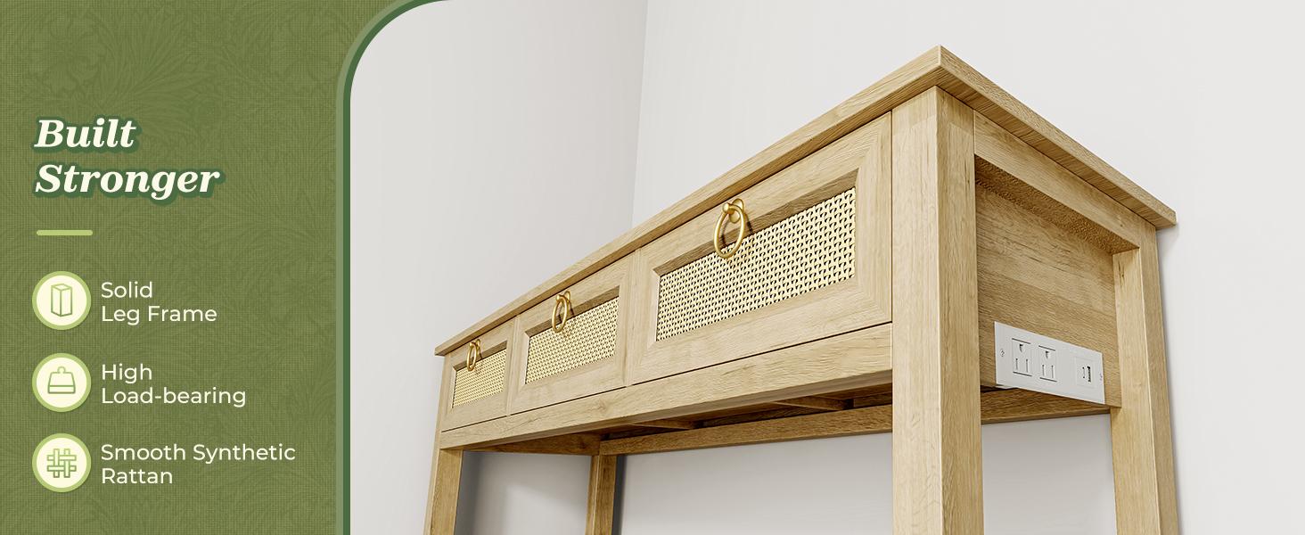 SUPERJARE Rattan Console Sofa Table with Outlets and USB-C Port, 3 Drawer Entryway Table with Synthetic Rattan Surface, Open Shelf, Behind Couch Entry Foyer Hallway Storage