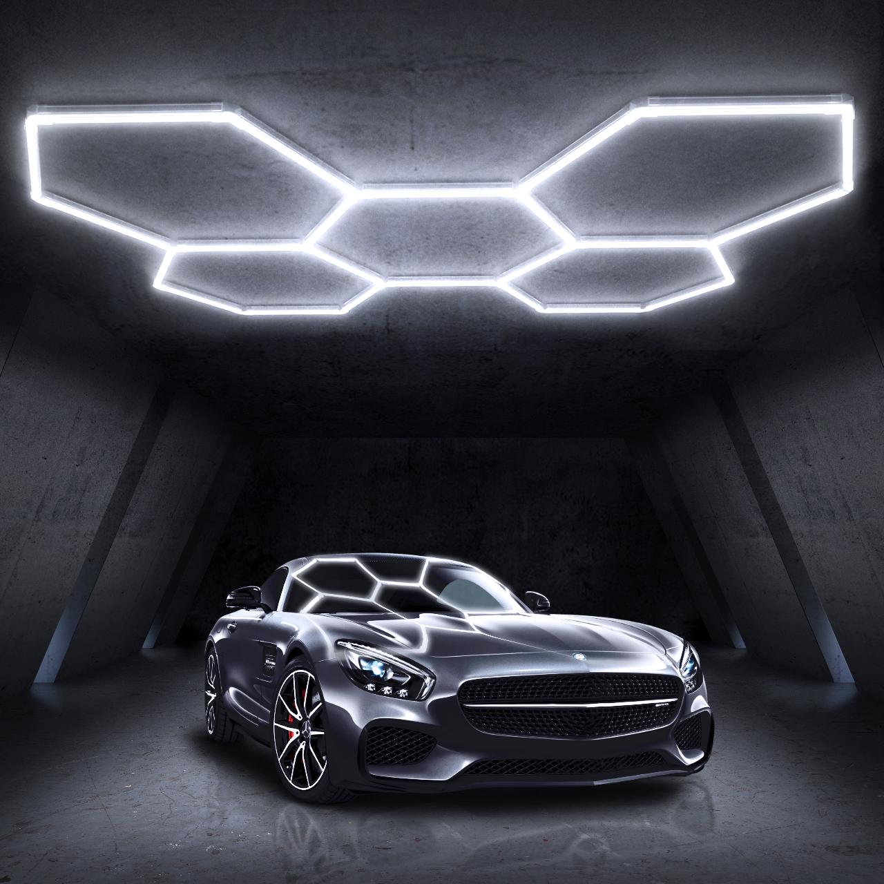 HYPERLITE offers Hexagon Garage Lights, a hexagon led lights Ceiling system designed for Grid Systems. These lights emit a Cool White light, ideal for Car Detailing Garages, Basements, Barbershops，Adjustable Lighting Options，SpringGlowUp