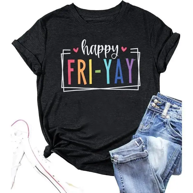 Women's Happy Friday Teacher Graphic Tee, Casual Cotton Teacher Clothes, Lightweight Foldable Seamless Short-Sleeve, Digital Print Solid Color Soft Smooth Top (Women's T Shirts)