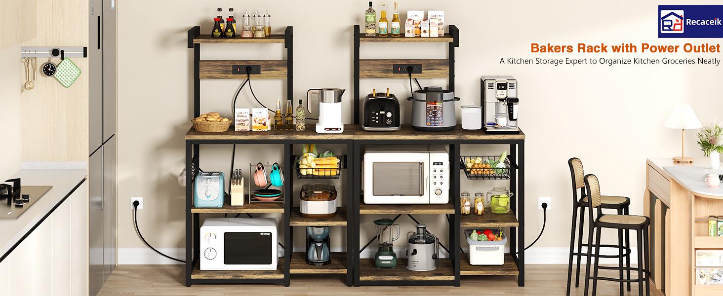 Recaceik Bakers Rack for Kitchen with Power Outlet Microwave Oven Stand Metal Wire Basket Organiser with Hooks Retro Storage Furniture Utility Shelf for Indoor Display Rack summervibes Recaceik Bakers Rack for Kitchen with Power Outlet Microwave Oven Stand Metal Wire Basket Organiser with Hooks Retro Storage Furniture Utility Shelf for Indoor Display Rack summervibes