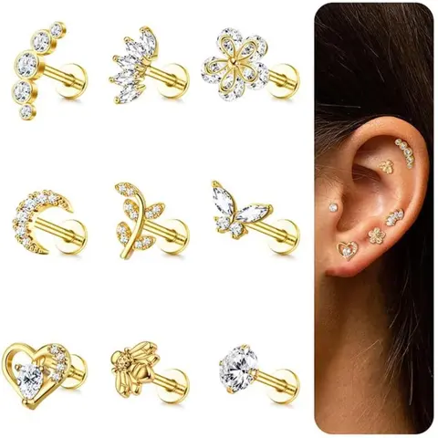 CASSIECA 9pcs 16G Stainless Steel Stud Earrings Jewelry Set Tragus, Helix, Conch, Labret Jewelry with Cubic Zirconia, Butterfly, Moon Designs in Gold, Silver for Women Daily Stacking Accessory Sohochic
