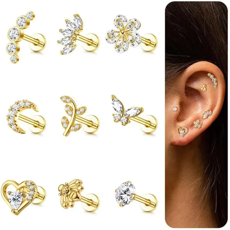 CASSIECA 9pcs 16G Stainless Steel Stud Earrings Jewelry Set Tragus, Helix, Conch, Labret Jewelry with Cubic Zirconia, Butterfly, Moon Designs in Gold, Silver for Women Daily Stacking Accessory Sohochic