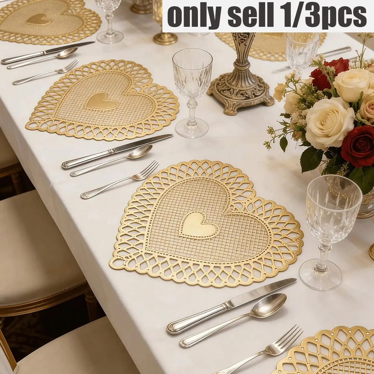Golden Heart PVC Place Mats, Washable and Easy to Clean, Non-Slip, Perfect for Holiday Wedding Party Table Decorations