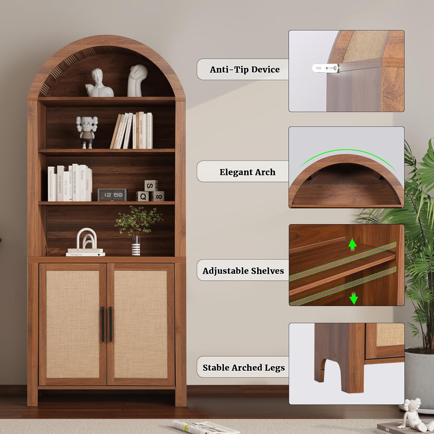 Giratree 71" Tall Arched Bookcase with Storage, Modern 6-Tier Arched Cabinet with Door, Arched Bookshelf Cabinet with Open Display Storage Shelf for Living Room Study Office kitchen storage cabinet