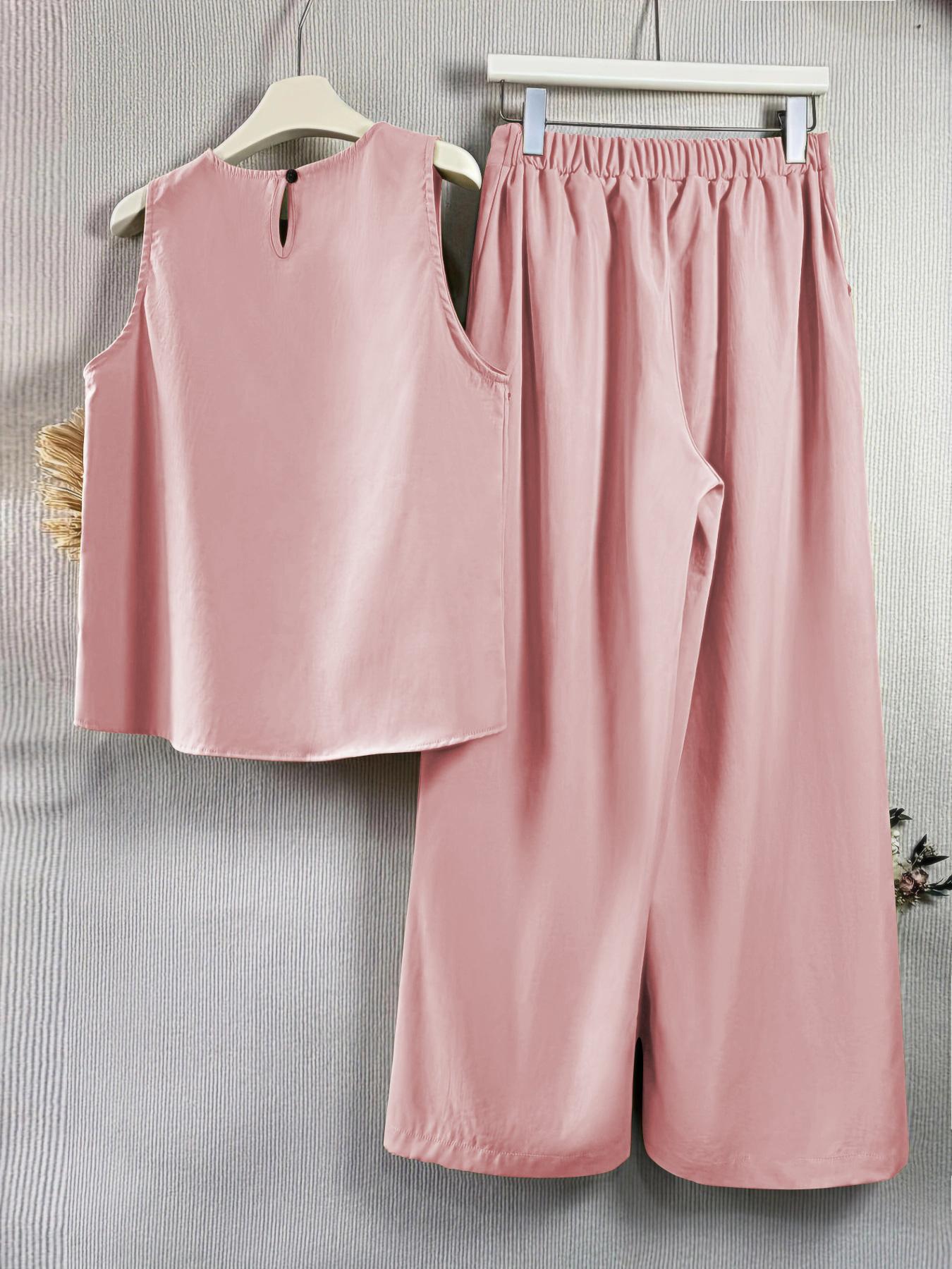 Women's Solid Tank Top & Pocket Wide Leg Pants Set, Matching Clothing Set, Elegant Fashion Casual Two-piece Outfits for Daily Outdoor Wear, Women Clothing for Summer