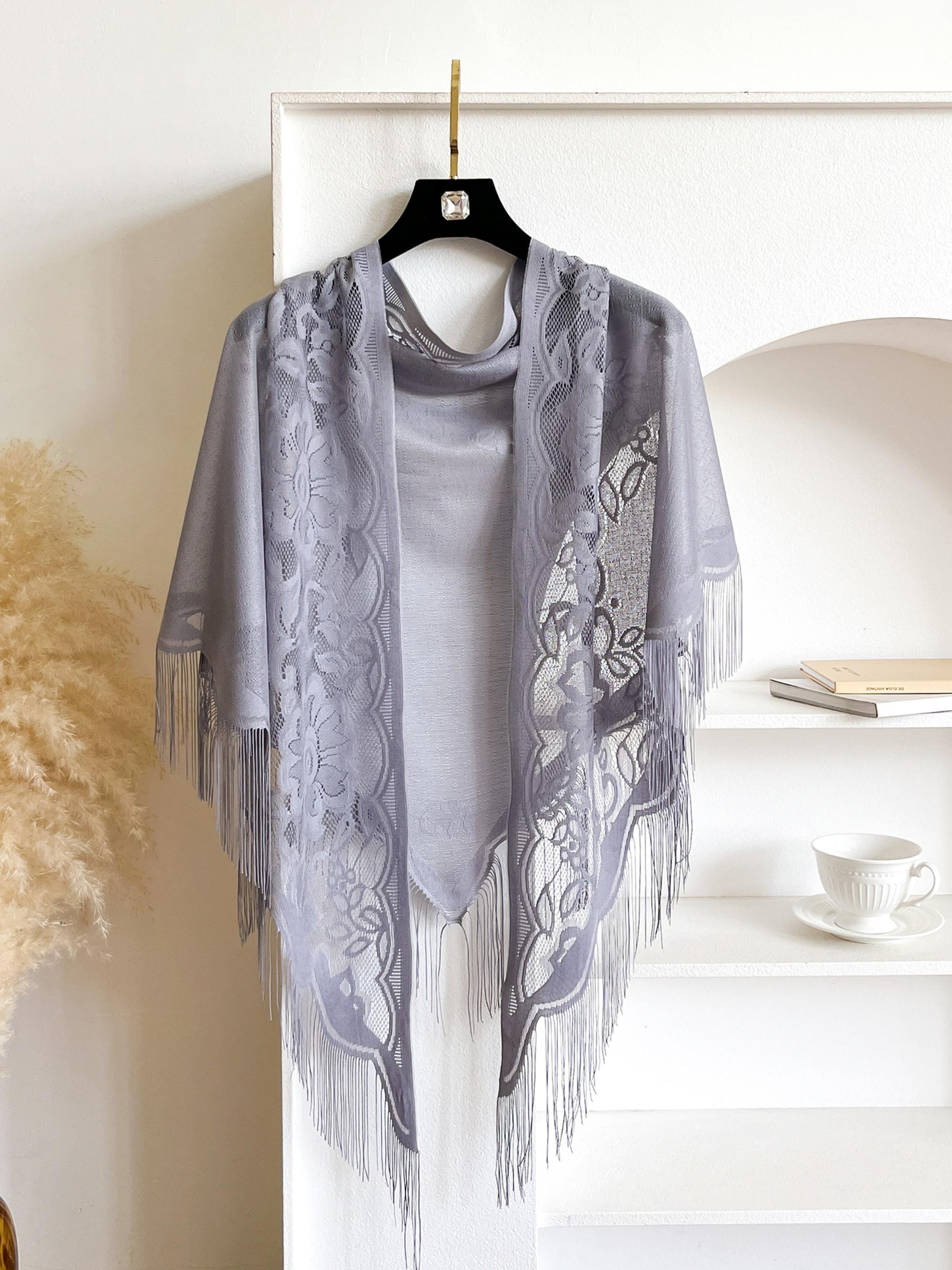 Women's Floral Lace Shawl Wrap, Elegant Sheer Scarf with Fringe Trim, Lightweight Casual Soft Accessory for Daily Wear, Casual Soft Shawl, Floral Print Shawl