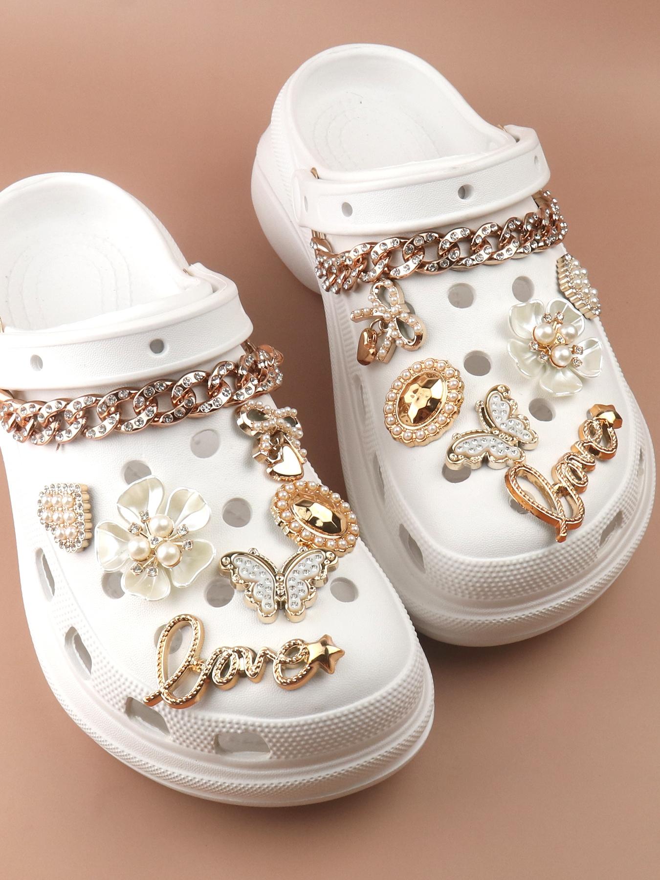 14pcs Fashionable Rhinestone & Letter Decorated Shoes Decorations, Chain & Bowknot Design Shoes Charm Rhinestone Shoes Charms For Vented Clogs Decoration