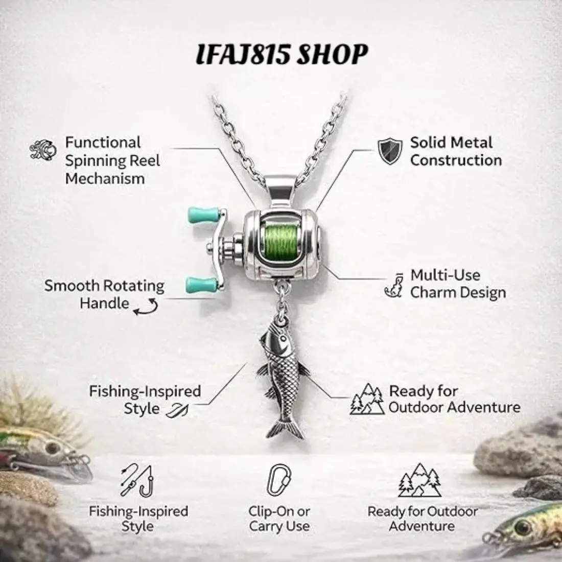 Mini Reel Fishing Necklace, Plain Stainless Steel Angling Theme Fidget Pendant with Adjustable Real Line & Fish Charm, Interactive Outdoor Wear Jewelry, Unique Gift for Anglers