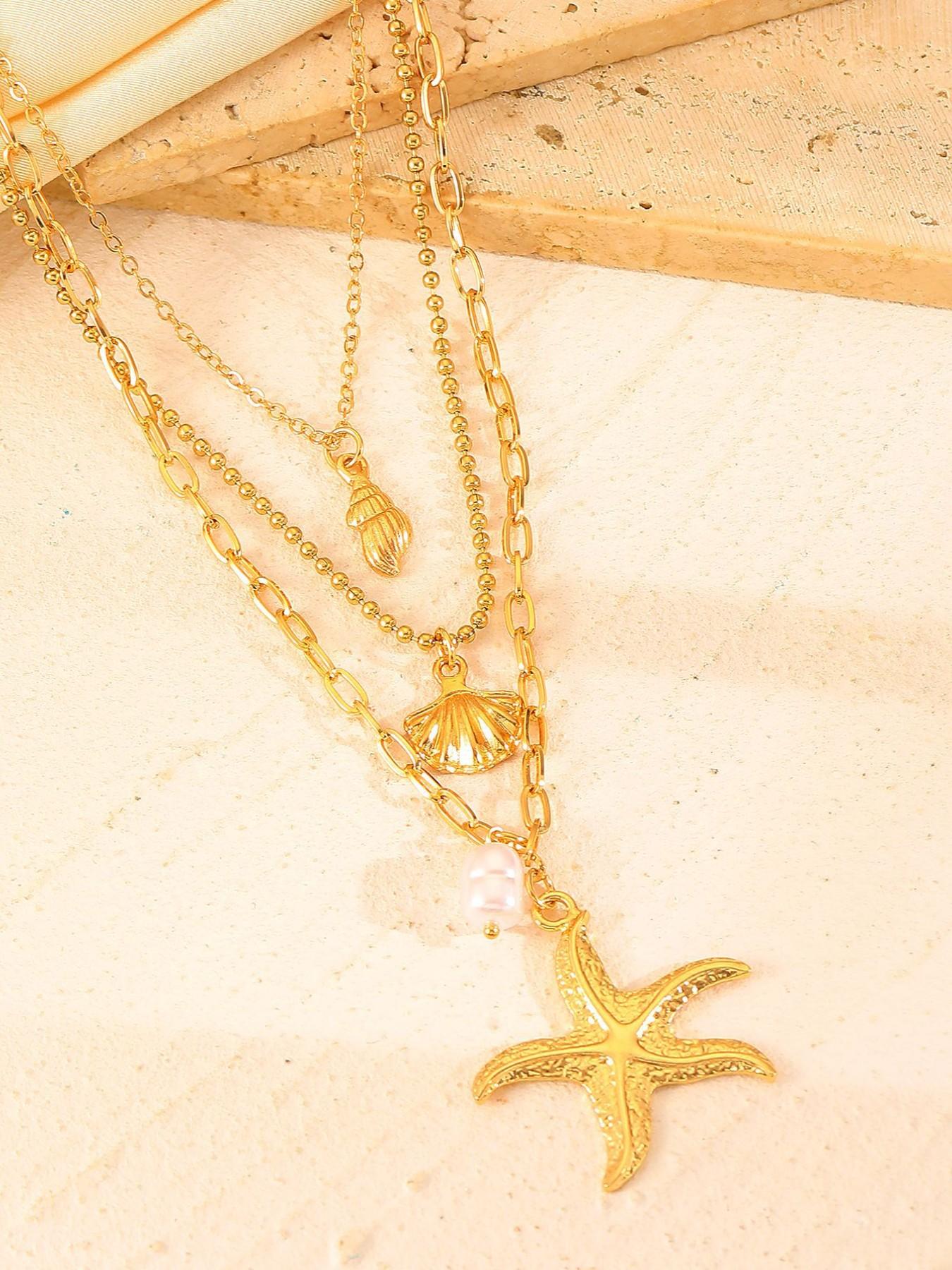 3-Piece Boho Starfish Shell Pendant Necklace Set, Ocean Series Imitation Pearl Lockbone Chain, Beachwear Jewelry, Island Vacation Essential