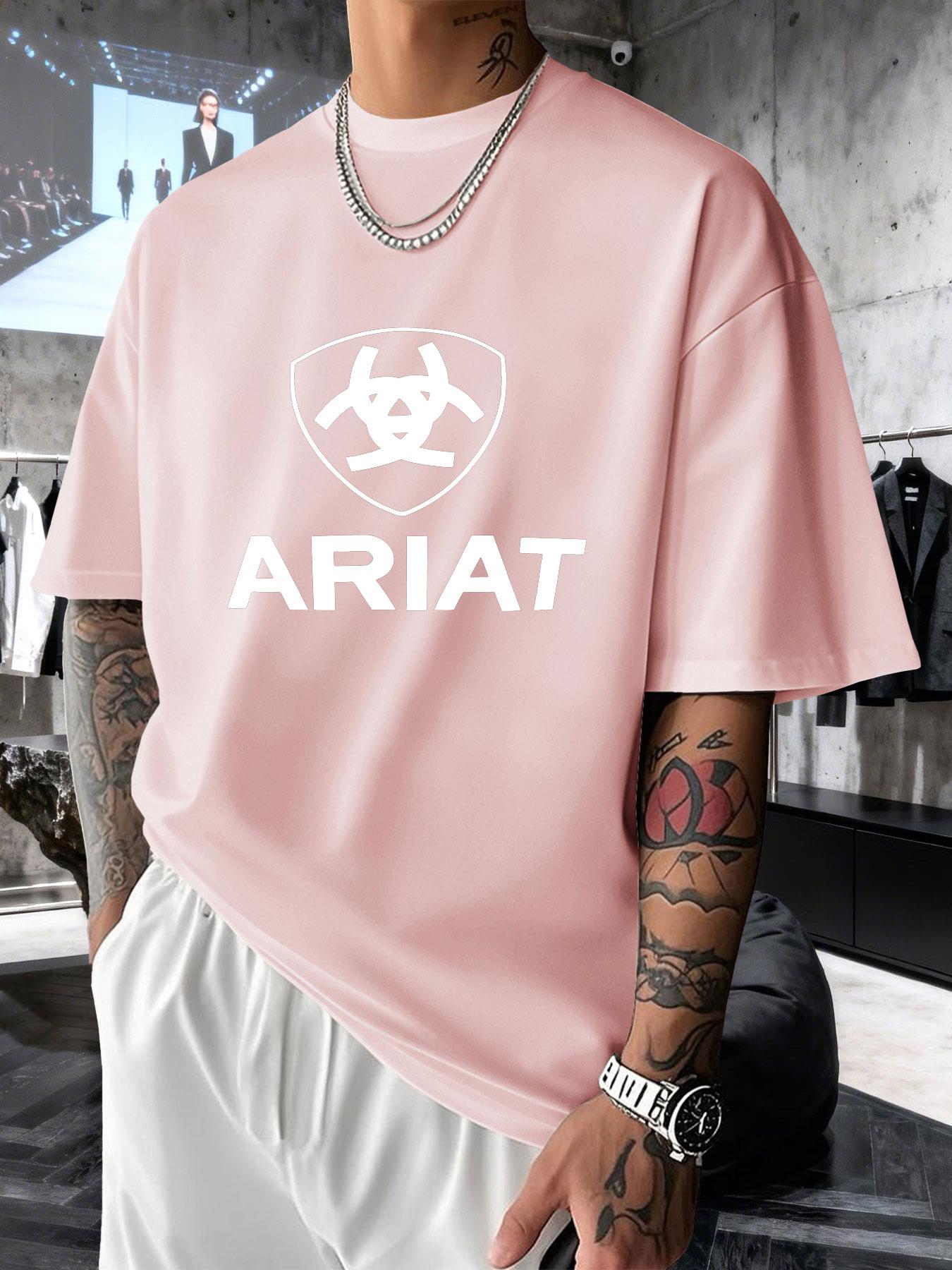 Men's Short Sleeve T-Shirt Summer Ariat Shield Logo Print, Western Cowboy Style Loose Fit Top, Casual Long Clothing for All Seasons