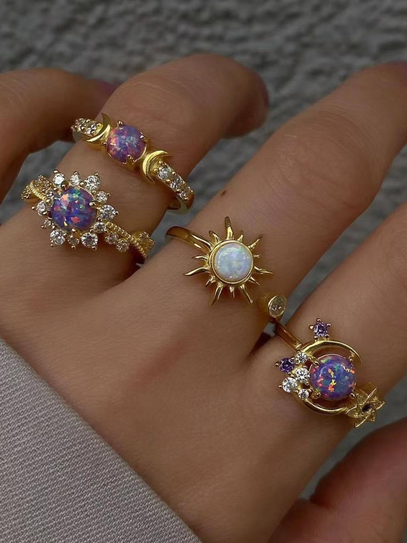 4 Pcs Fashionable Gemstone Rings, Sun Moon Rhinestone Luxury Geometric Ring Set, Women's Birthday Gift, Low Allergy, Fade-Resistant