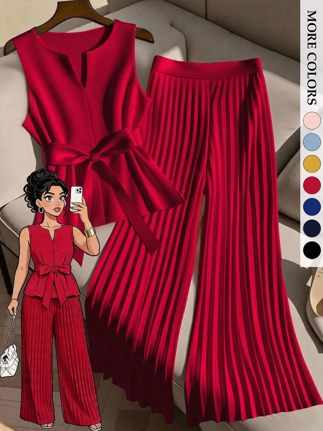 Women's Plus Size Trendy Chic 2 Piece Outfit, Clothes, Sleeveless Top & Pleated Wide Leg Pants Set, Tie Waist V-Neck Plisse Flowy Elegant Office Workwear