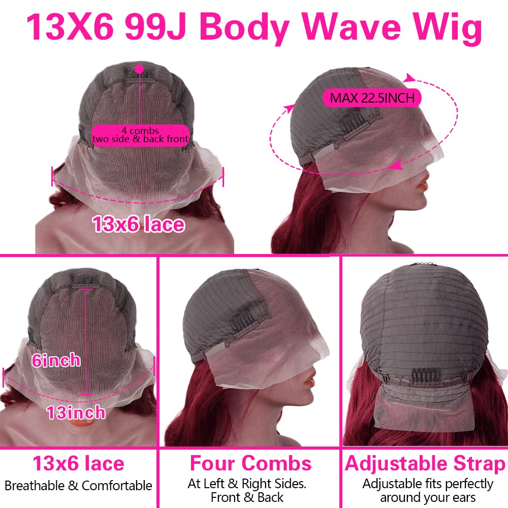 13x6 Wigs Pre Plucked Pre Cut Body Wave 99J Burgundy Lace Closure Wig Human Hair 180% Density Red Wig With Baby Hair for Women TikTokShopBlackFriday