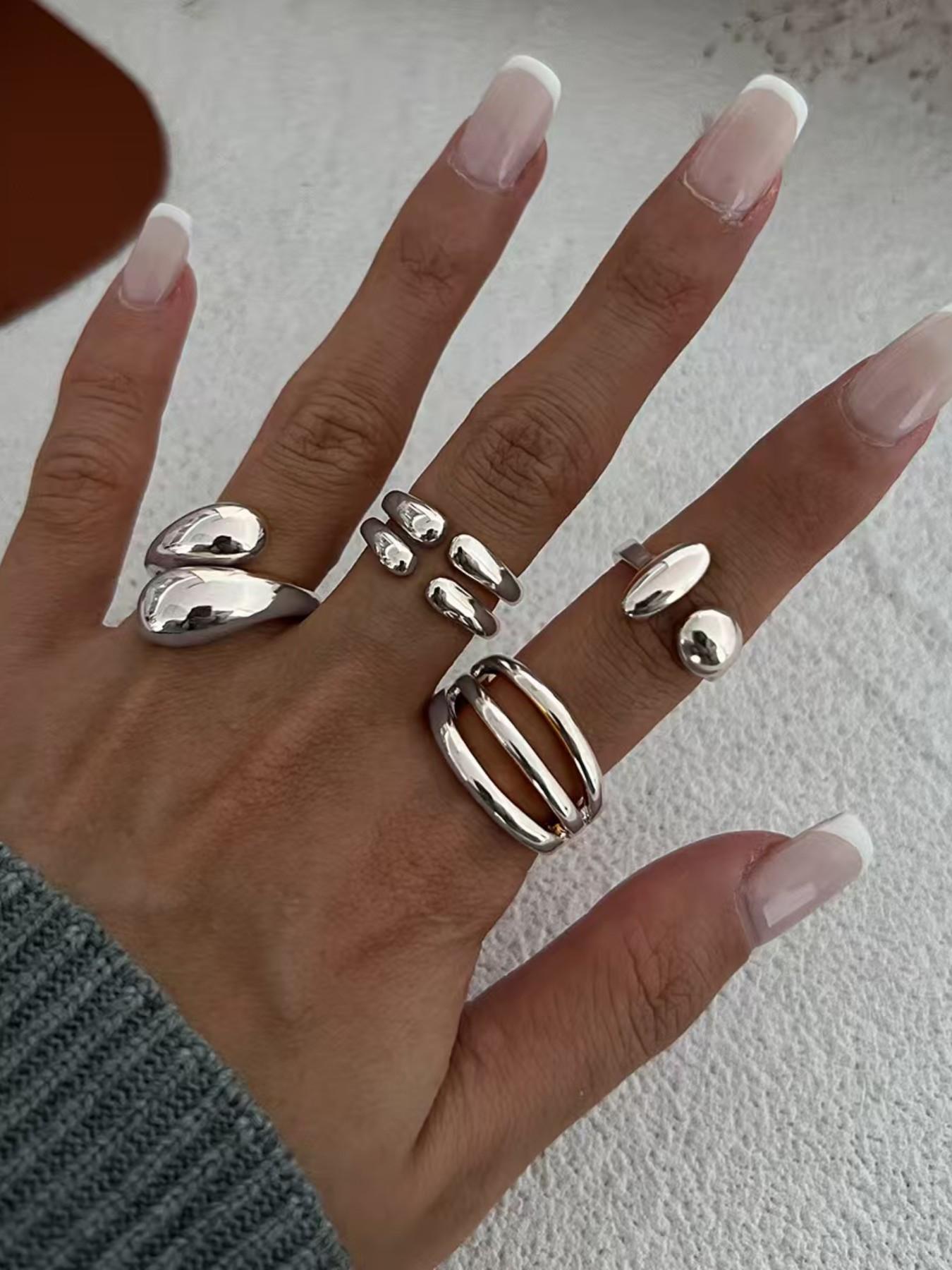 Women's Hip-Hop Style Geometric Joint Ring Set, Solid Pattern Sexy Jewelry, Four-Piece Kit, Zinc Alloy Material, All-Season Accessory