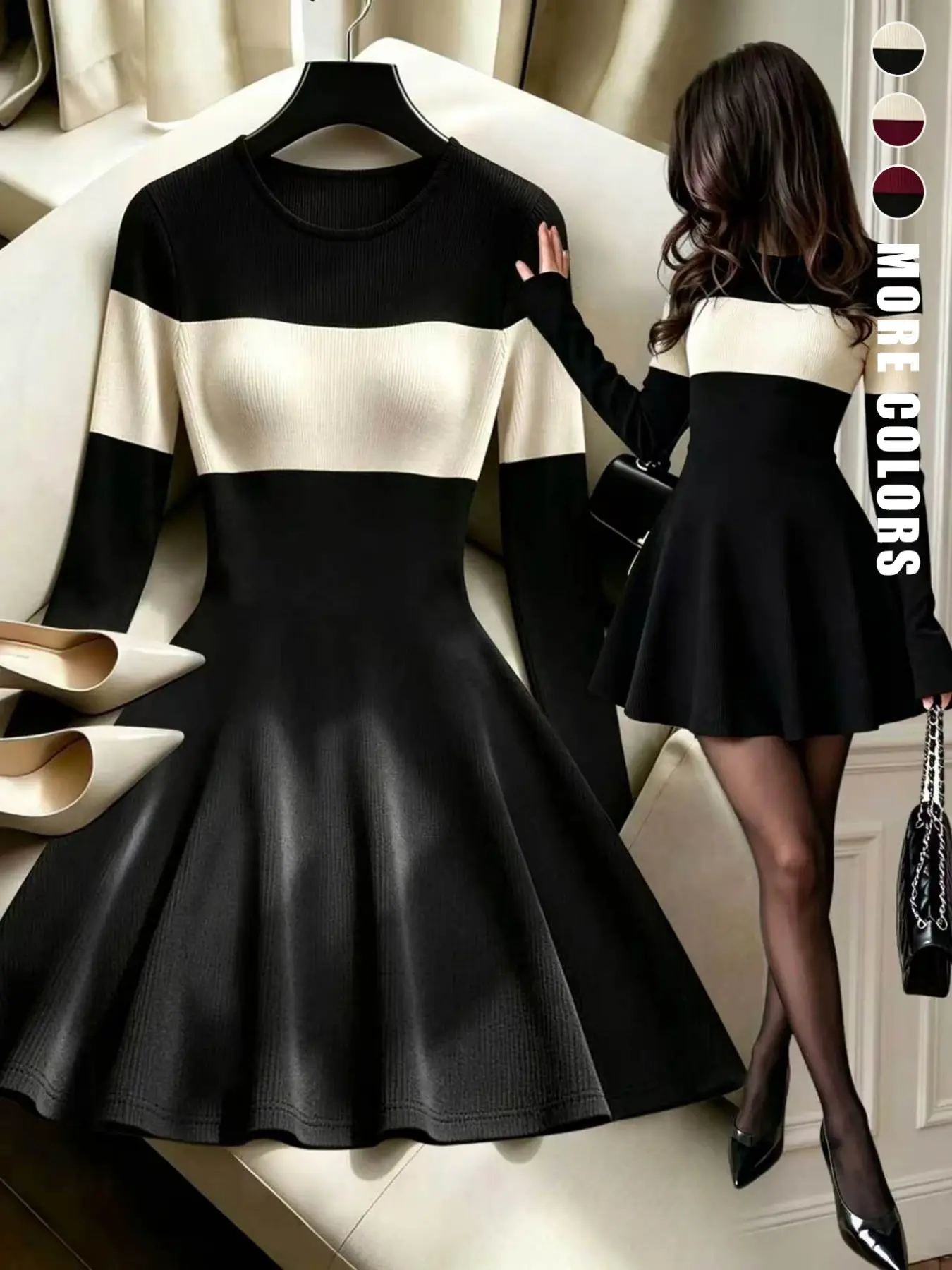 Light Mature Chic Striped Dress, Round Neck Long Sleeve, Waist Cinched A-Line Skirt, Perfect for Dates and Daily Wear, Classy Dresses