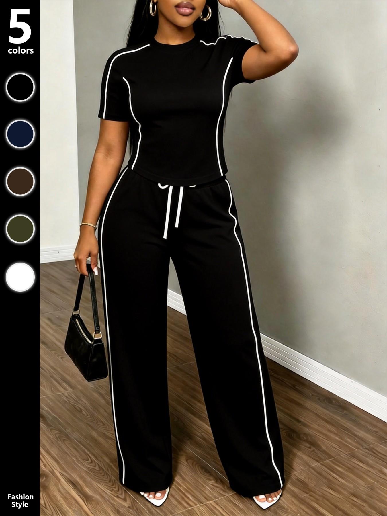 Women's Spring Summer Sporty Two-Piece Set, Fitted Round Neck T-Shirt & Wide Leg Pants, Casual Outdoor Wear, Multiple Colors Available, Sports Activewear Set