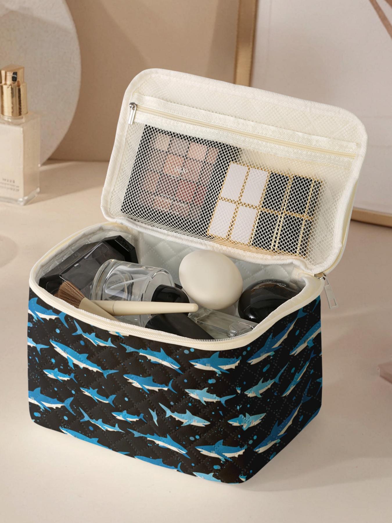 1 piece of shark pattern print 2D printed portable travel makeup, brush, and accessory organizer, storage box toolbox, large capacity travel toiletry storage bag, cute and fashionable makeup bag