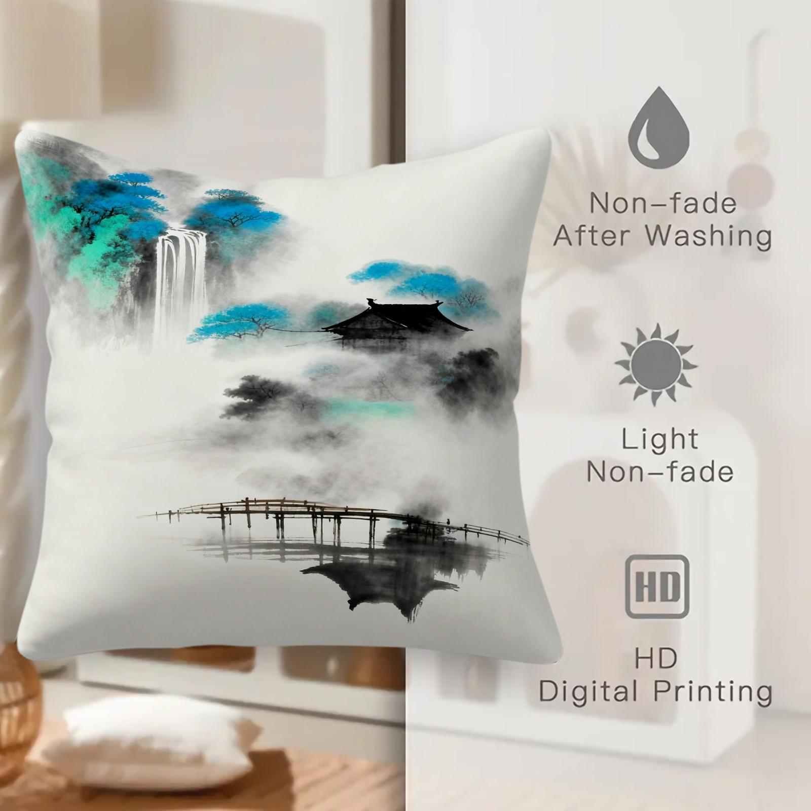 1 Pack 18×18 Inch Asian Ink Wash Landscape Throw Pillow, Mountain Scenery Print Decorative Accent Cushion, HD Digital Print Zippered Pillowcase, Non-Fade Home Decor Cushion for Sofa, Bed, Living Room, Bedroom
