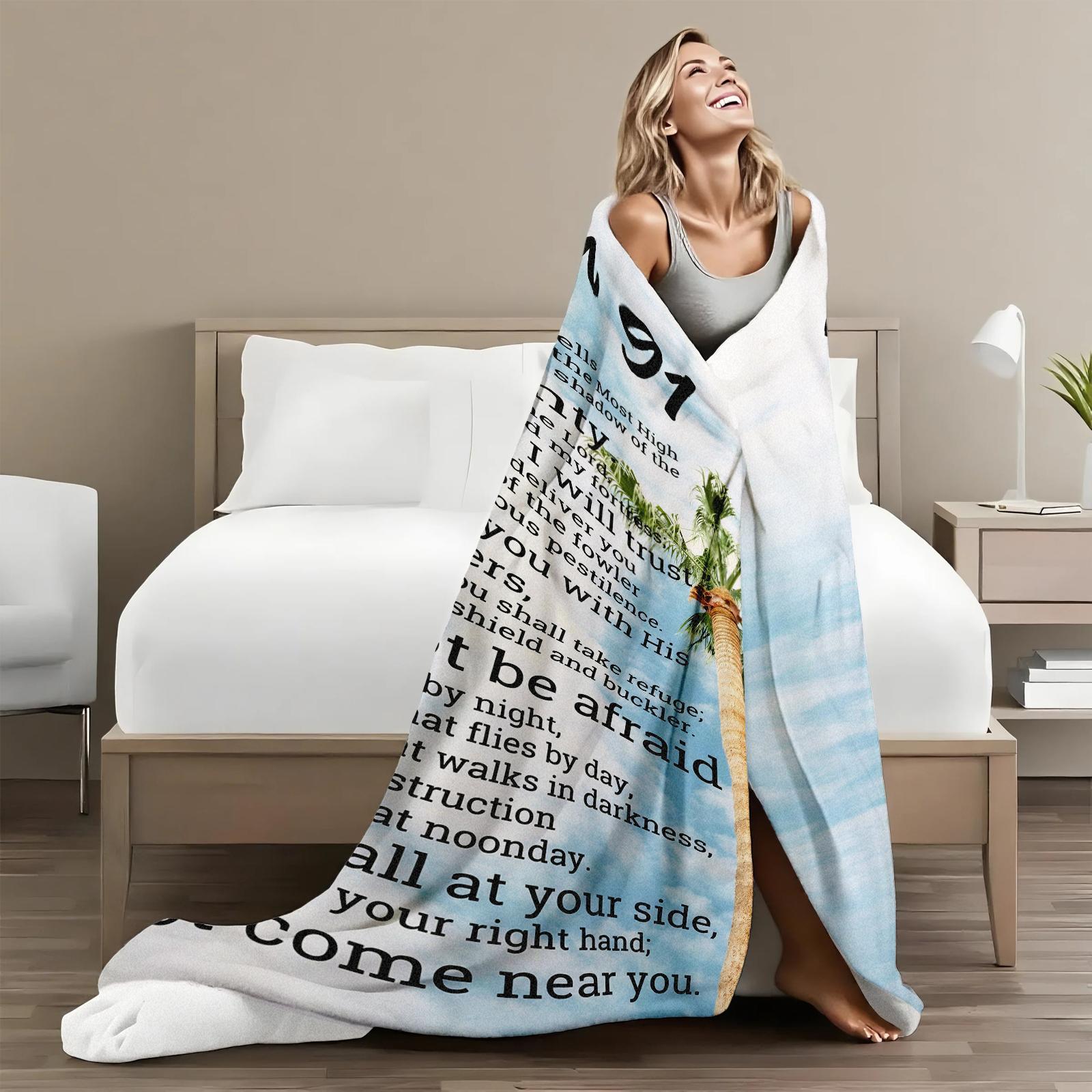 Cozy Printed Psalms Scripture Design Soft Lightweight Blue White Gradient Toned Themed Pattern Flannel Blanket, Soft And Warm, Perfect Gift for Holiday Memories, Ideal for Best Friend