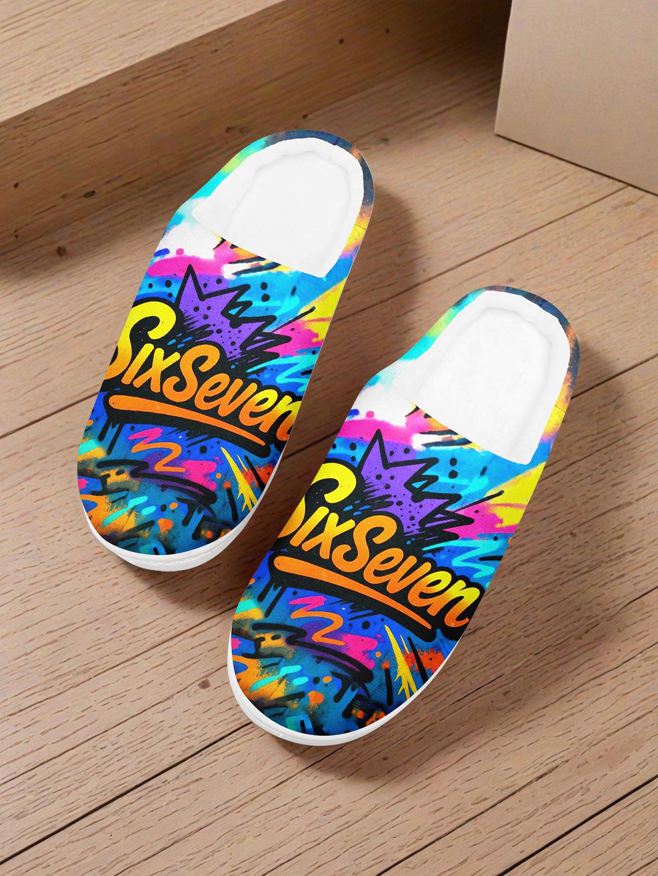 Men's Plus Size "SixSeven" Colorful Graffiti-Pattern Warm Indoor Slippers - Comfortable Cozy Home Footwear for Autumn & Winter