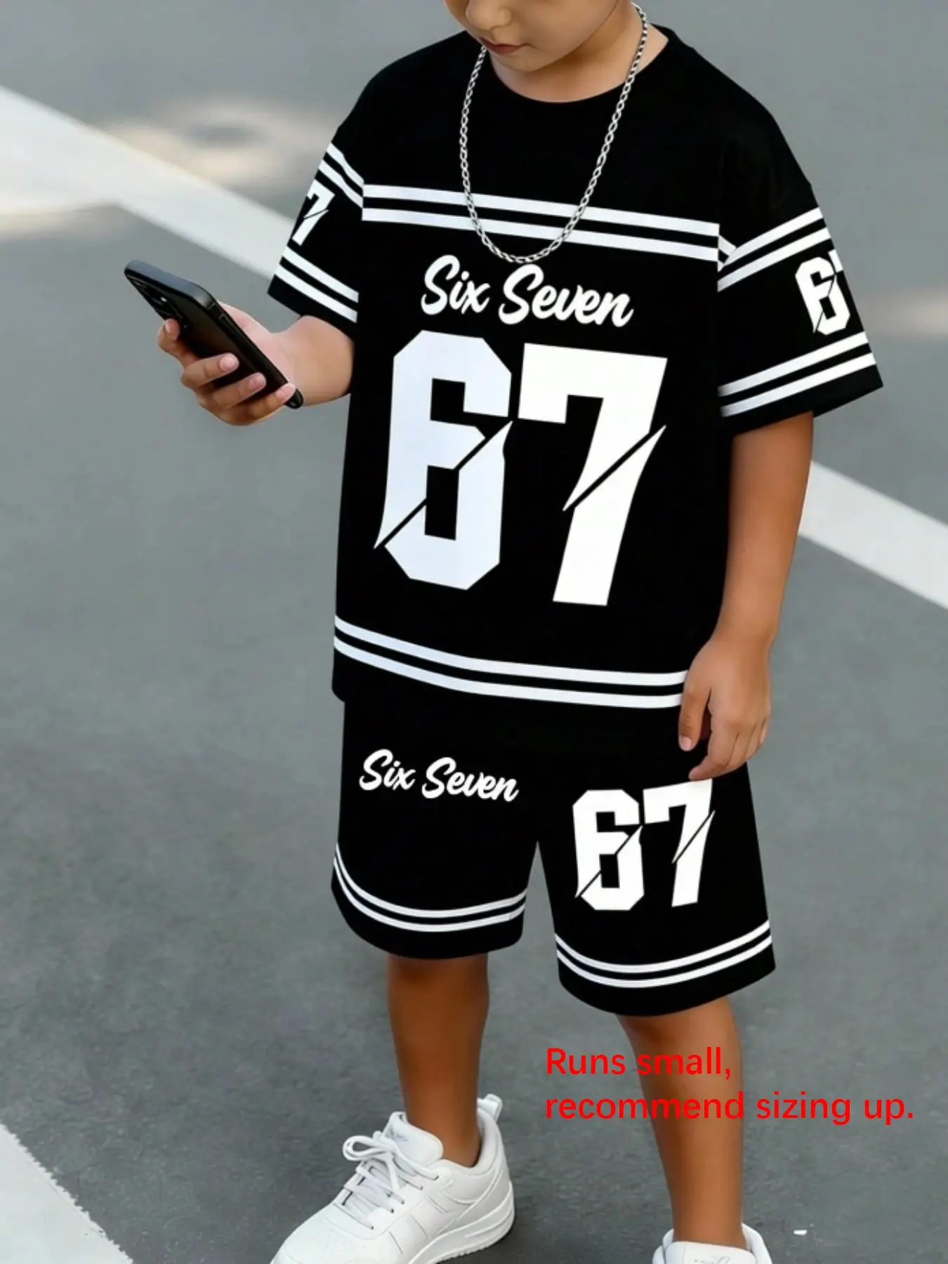 Boys' Trendy Sports Set, Number 67 All-Over Print Streetwear Tee & Shorts, Casual Fitted Two-Piece Outfit, Summer Clothing Set, Outfit Sets