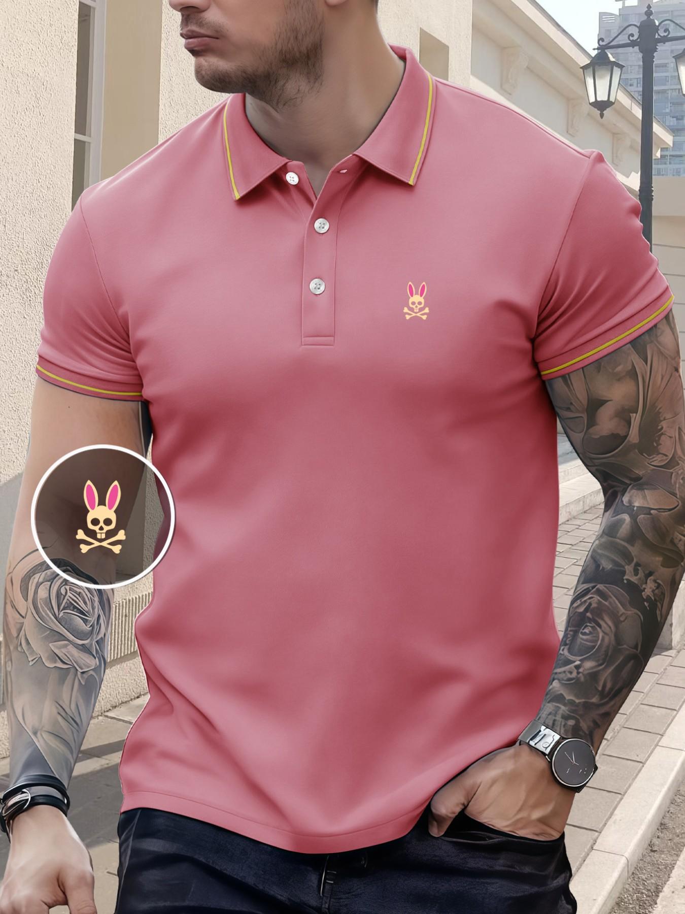 Men's Regular Fit Letter Print Contrast Trim Polo Shirt Skull Rabbit, Casual Short Sleeve Half Zip Top for Summer, Fashion Men's Clothes for Daily Wear, Tropical