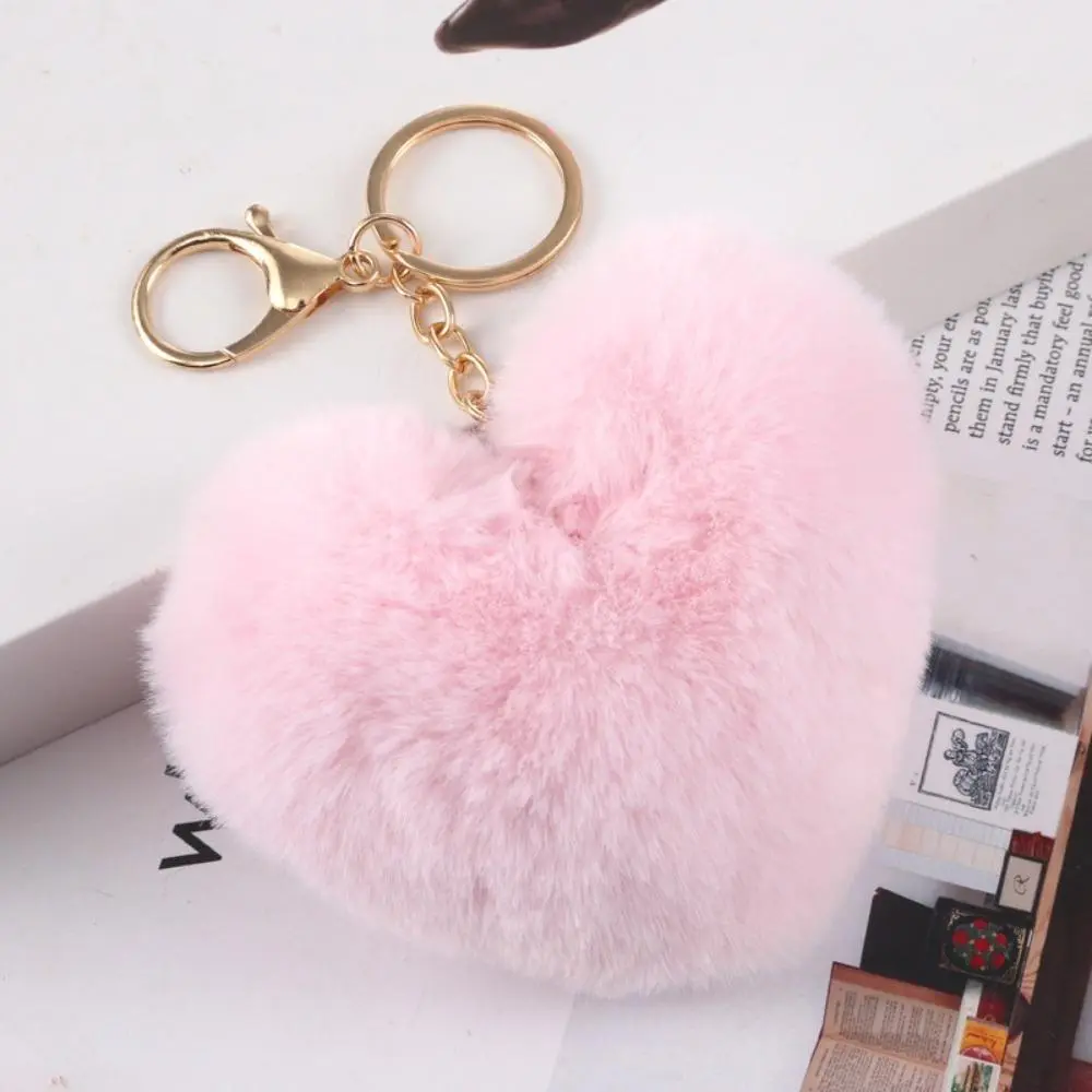 Heart Shape Plush Fur Keychain Bag Charm - Soft Solid Color Backpack Accessory for Teen Girls, Full Elastic Filling, Tight Anti-Shedding Stitching, Anti-Rust Metal Lobster Clasp, Friendship Gift, Backpack Accessories
