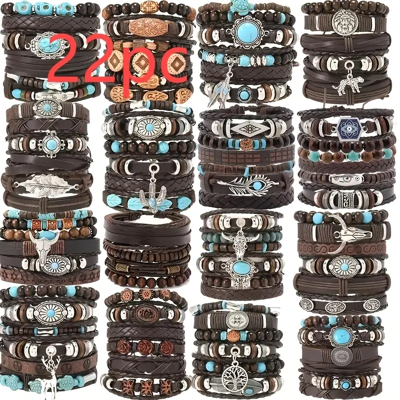 Unisex Casual Bracelets & Bangles Set - 22Pcs Black, Brown Wooden Bead, PU Leather Strap Hand-Woven Pieces for Unisex Wear, Everyday Use, Halloween Gifts