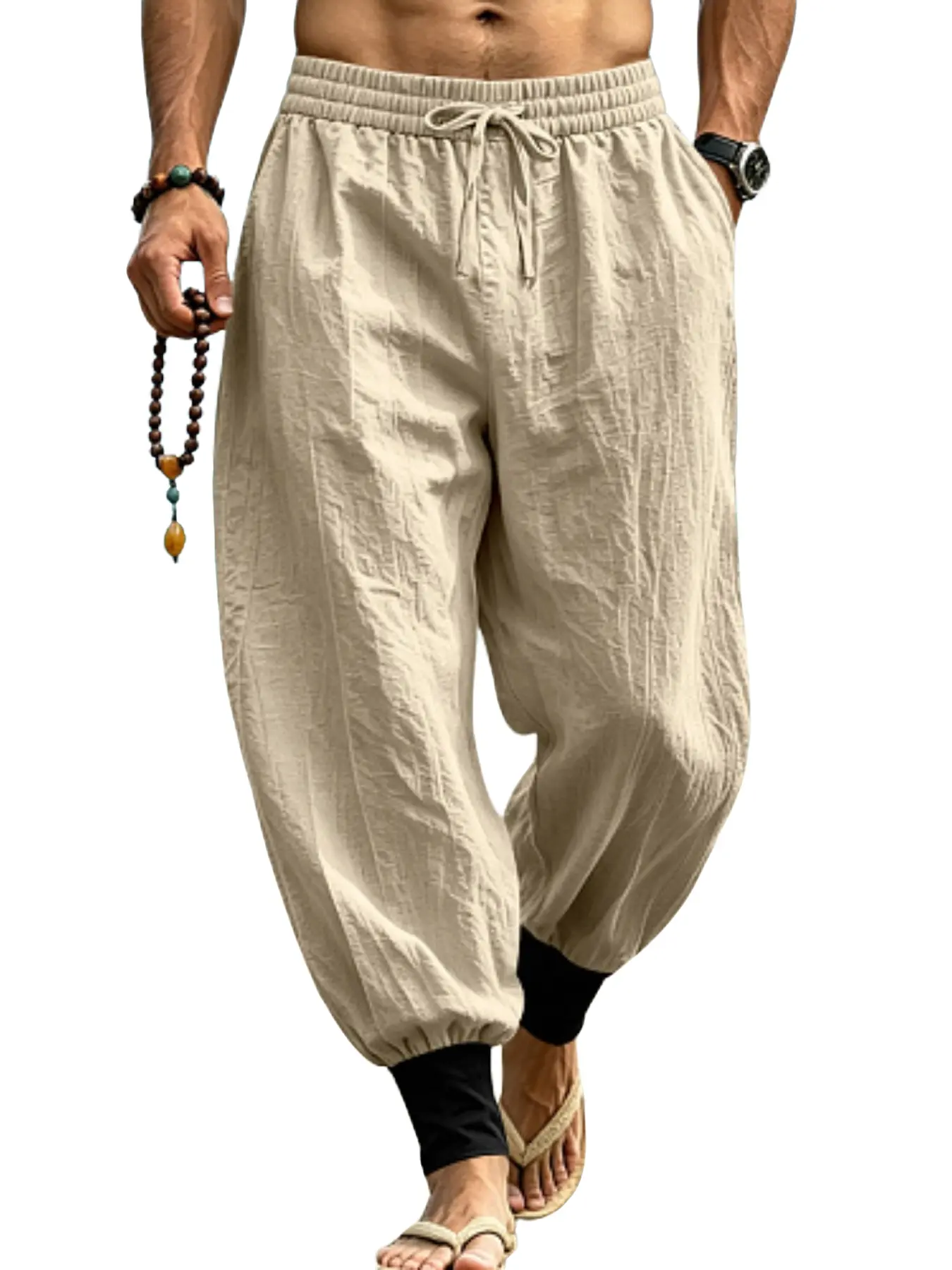 Men's Casual Linen Lantern Pants, Breathable Sweat-Wicking Sand-Washed Texture, Loose-Fit Trousers for Summer Outdoor Wear