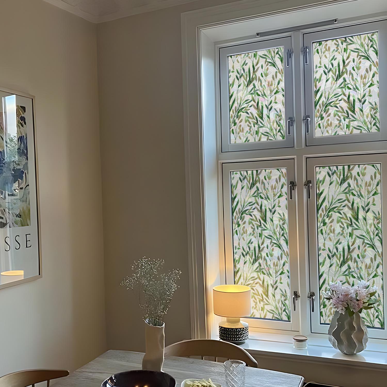Leaf Laser Window Sticker, Spring Summer Fresh Style Decorative Static Window Sticker, Glue-Free Electrostatic Glass Decoration Film