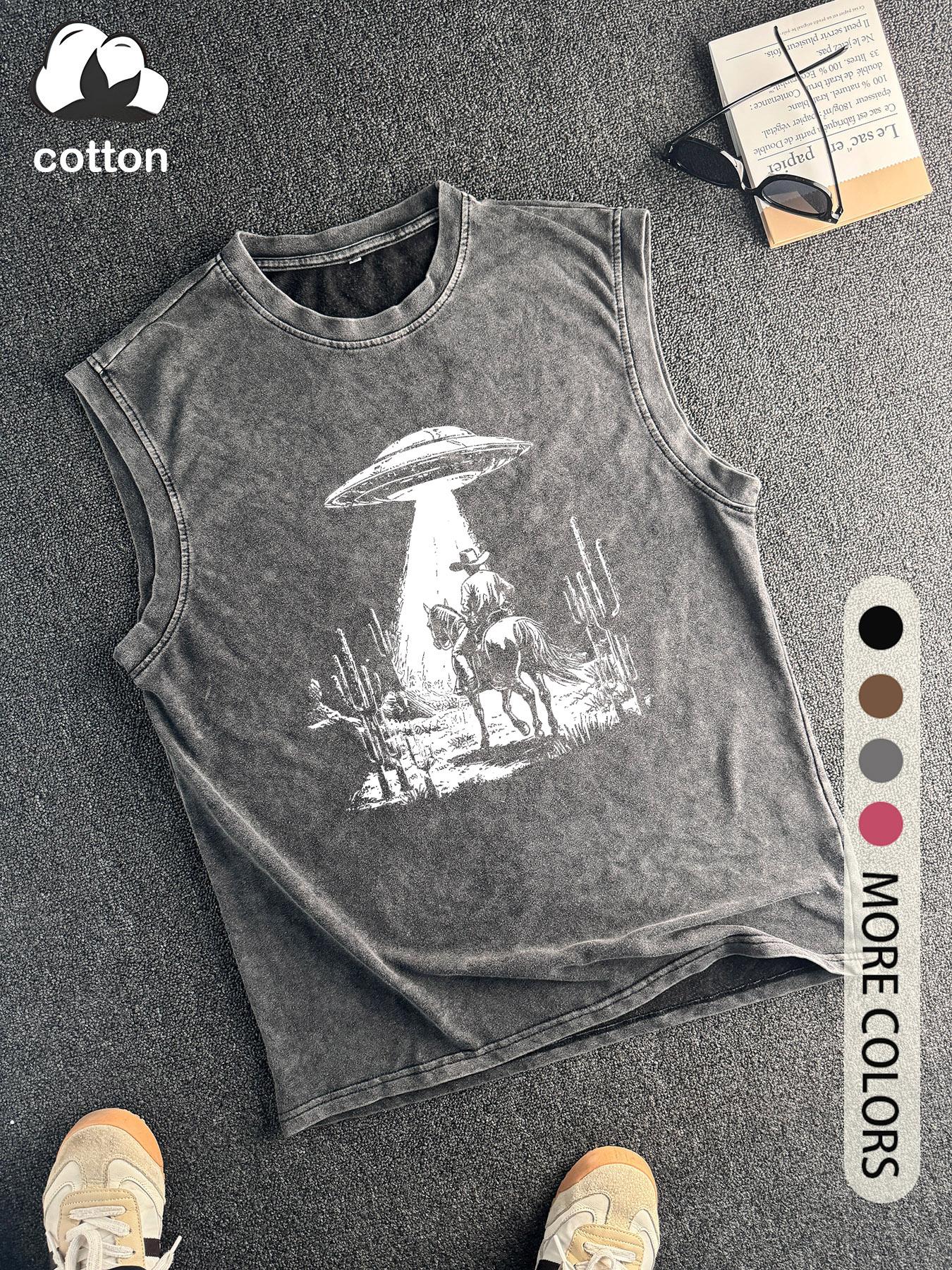 Men's Vintage UFO Print Round Neck Knit Cotton Tank Top, Regular Fit Casual Sleeveless Crew Neck Top for Summer, Fashion Men's Top for Daily Wear, Socks, Fitted