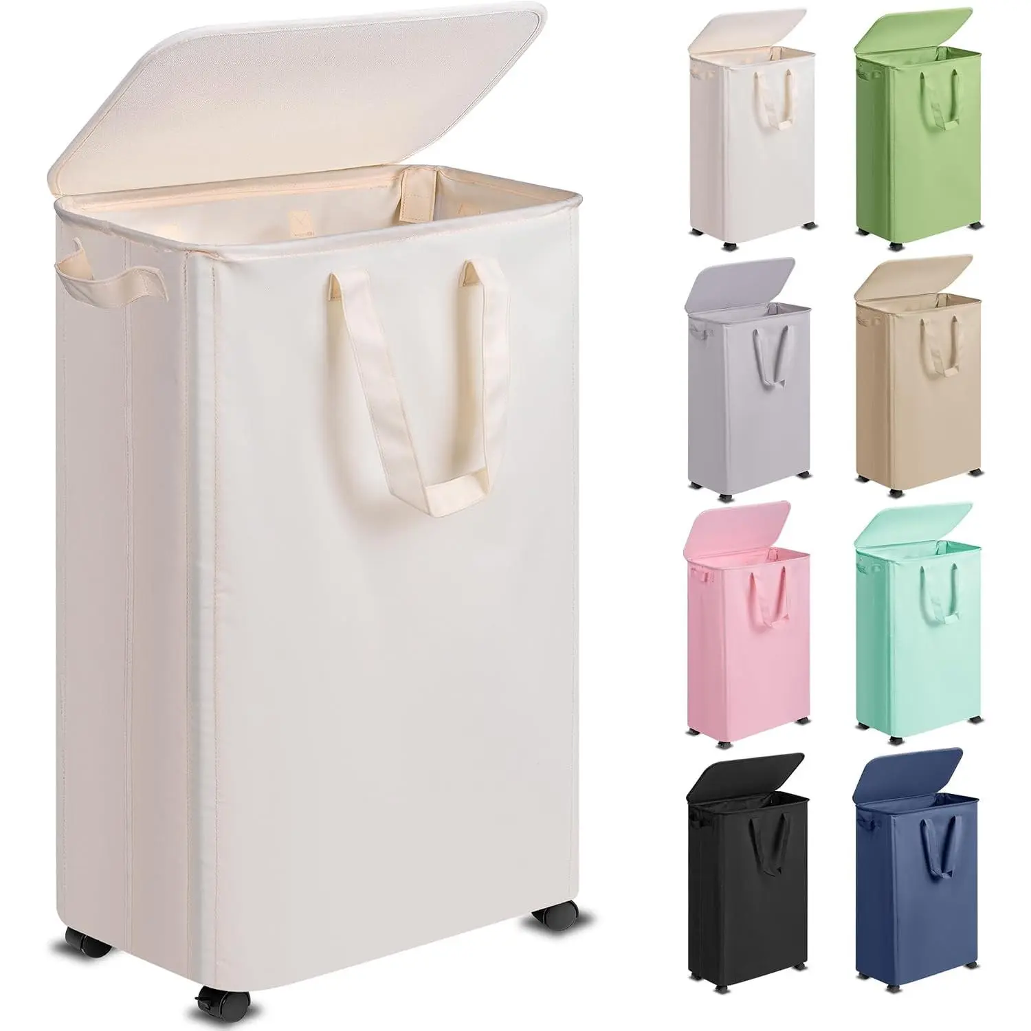 Slim Laundry Hamper with Lid and Wheels, Small Rolling Laundry Basket with Handle for Small Spaces, Tall Dirty Clothes Hampers for Dorm, Bathroom and Bedroom, 75L Beige