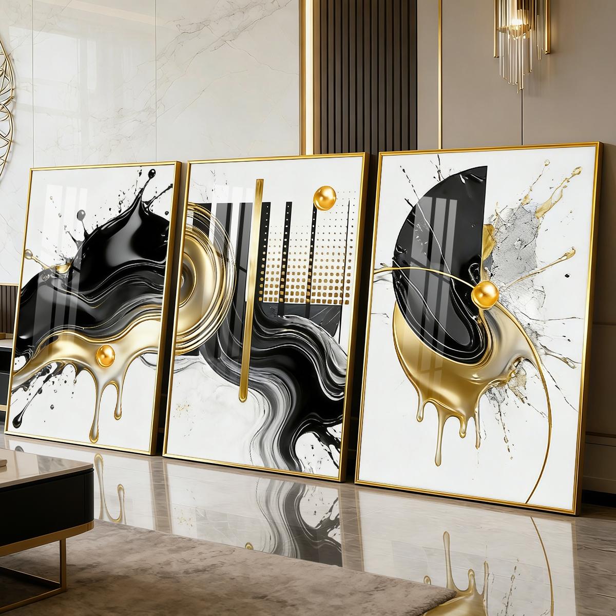 3 Counts Aluminum Alloy Framed Painting, Abstract Black And Gold Fluid Art Pictures, Home Decoration For Living Room, Bedroom, Office, Restaurant, Hallway Wall Decor, Odorless Print Artwork, Luxury Perfect Gift For Friends And Family