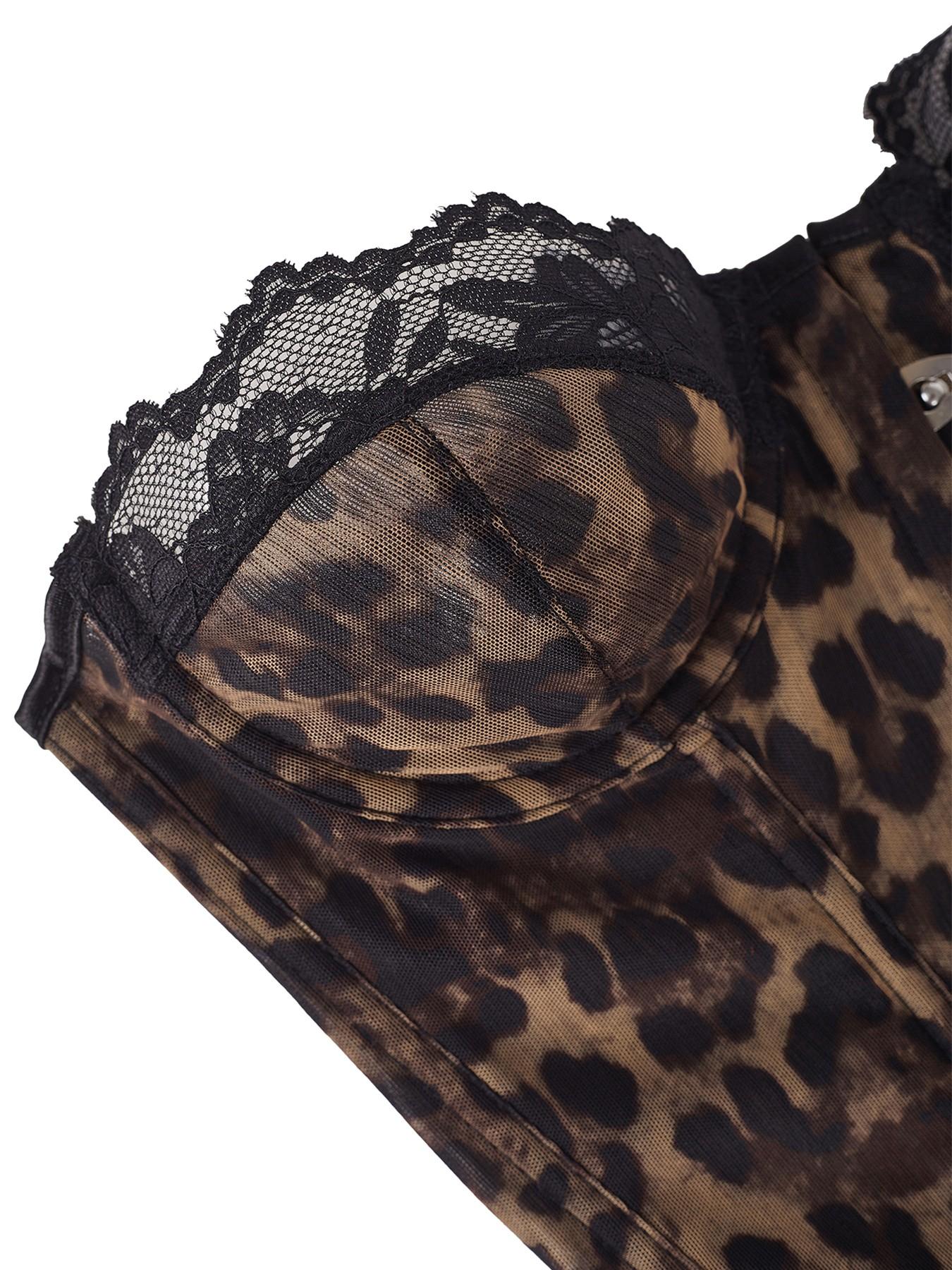 Y2K Leopard Print Lace Trim Corset Top Front Buckle Boned Waist Trainer Sheer Mesh Slimming Bustier For Women Club Party Date Night Outfit