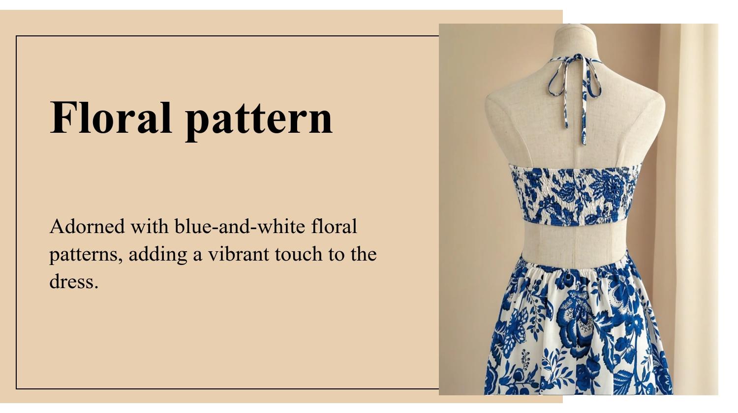 Women's Blue Ethnic Floral Halter Dress, Bohemian Style, Slim-Fitting, Lace-Up Hollow Out Waist, Casual Holiday Wear