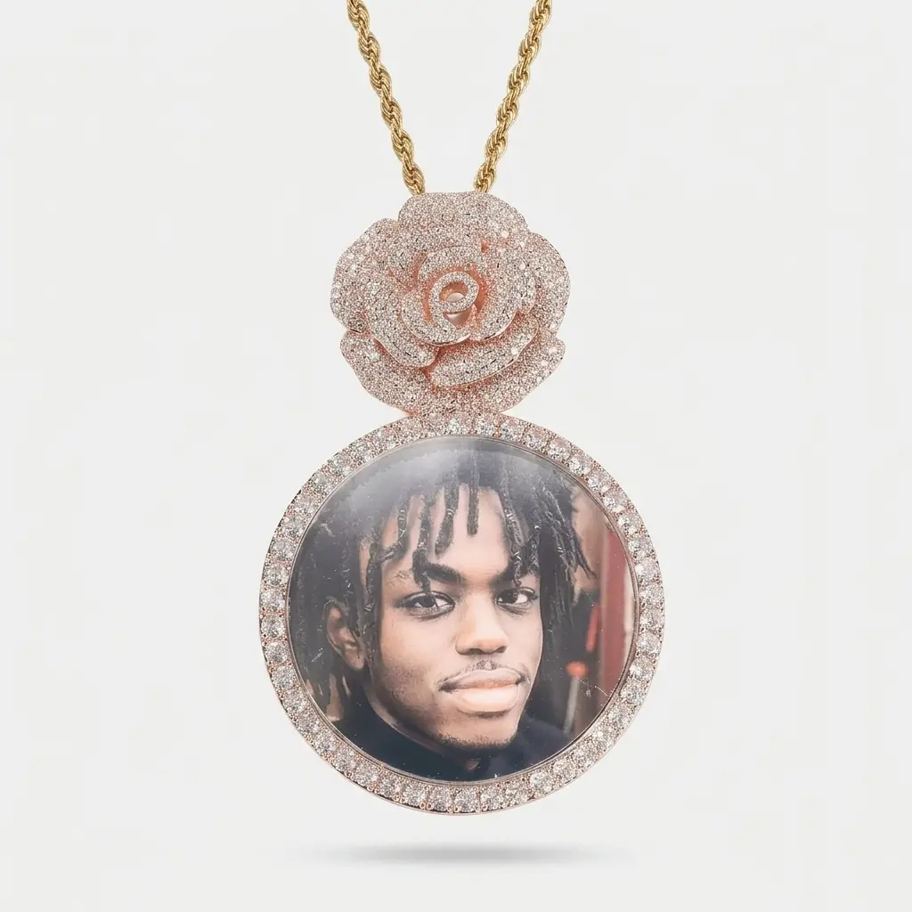 IH Rose Photo Frame Pendant Necklace 18K Gold Plated Natural Sri Lanka Zircon Custom Picture Circle Hip Hop Jewelry Gift for Her