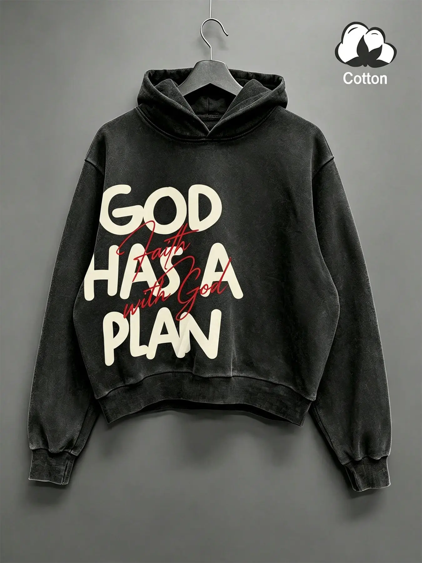 Unisex Retro Acid Wash Cropped Hoodie, Inspirational God Has A Plan Faith Letter Print Long Sleeve Pullover Hooded Sweatshirt, Drop‑Shoulder Faith‑Inspired Street Top For Young Believers, Teen Boys & Girls, All‑Season For Church Service, Sunday Worship &