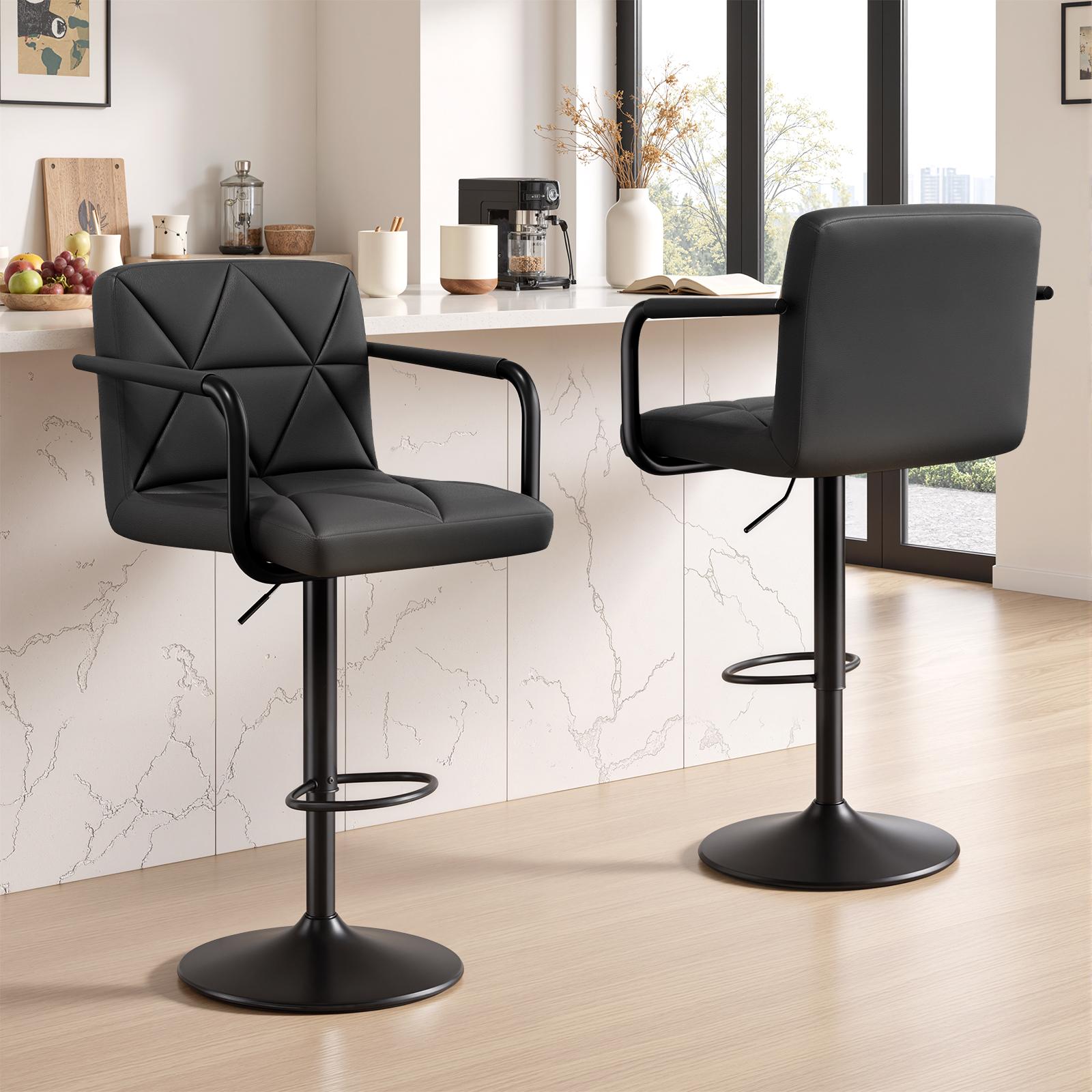Set of 2 Barstools, Adjustable Height 25.5-34.5 IN with Back & Arms, Swivel PU Leather Upholstered Counter Height Bar Chairs