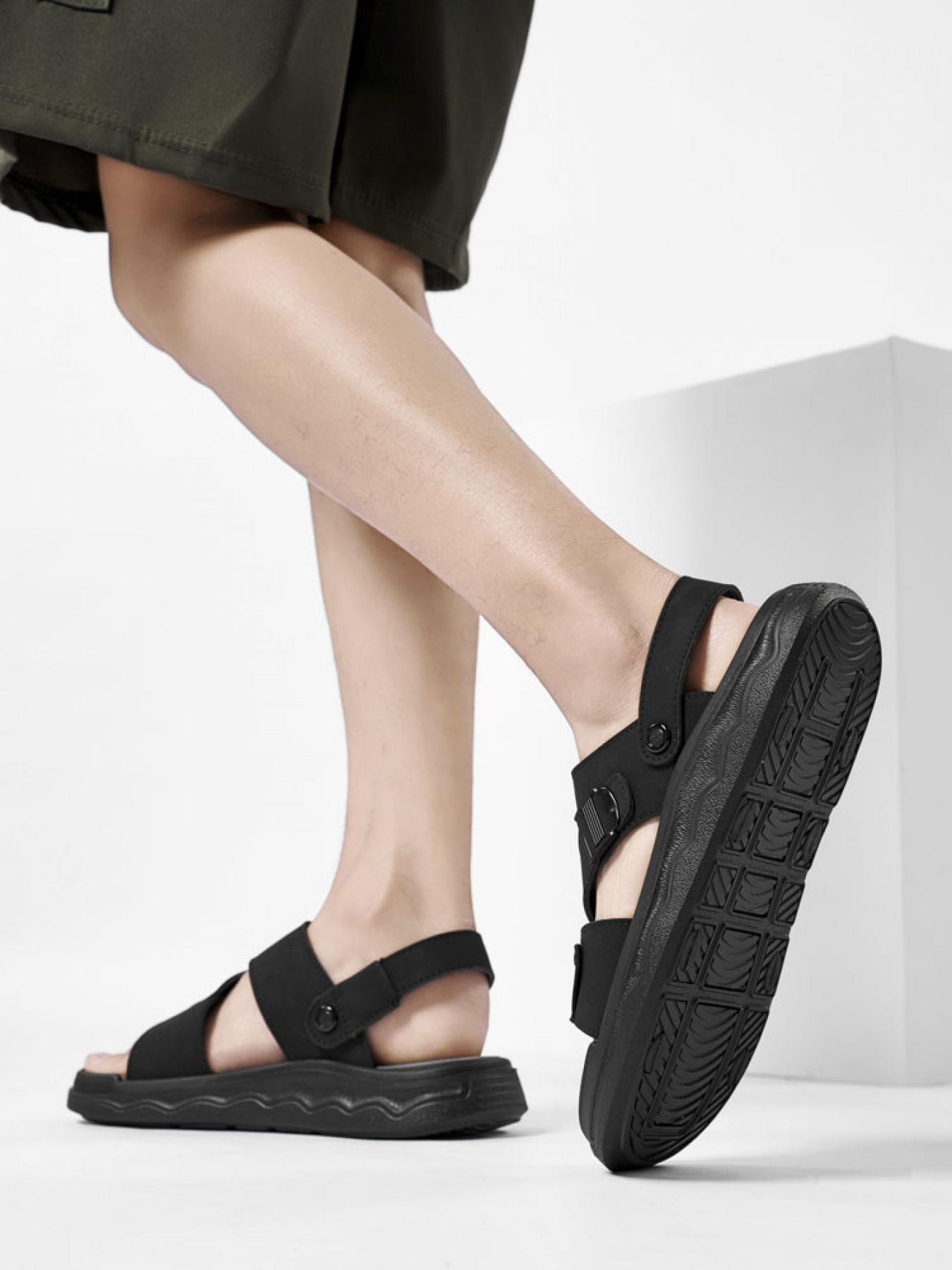 Men's Solid Color Dual-Wear Velcro Sandals Thick-Soled Breathable Beach Shoes Non-Slip Wear-Resistant Outdoor Water-Slippers