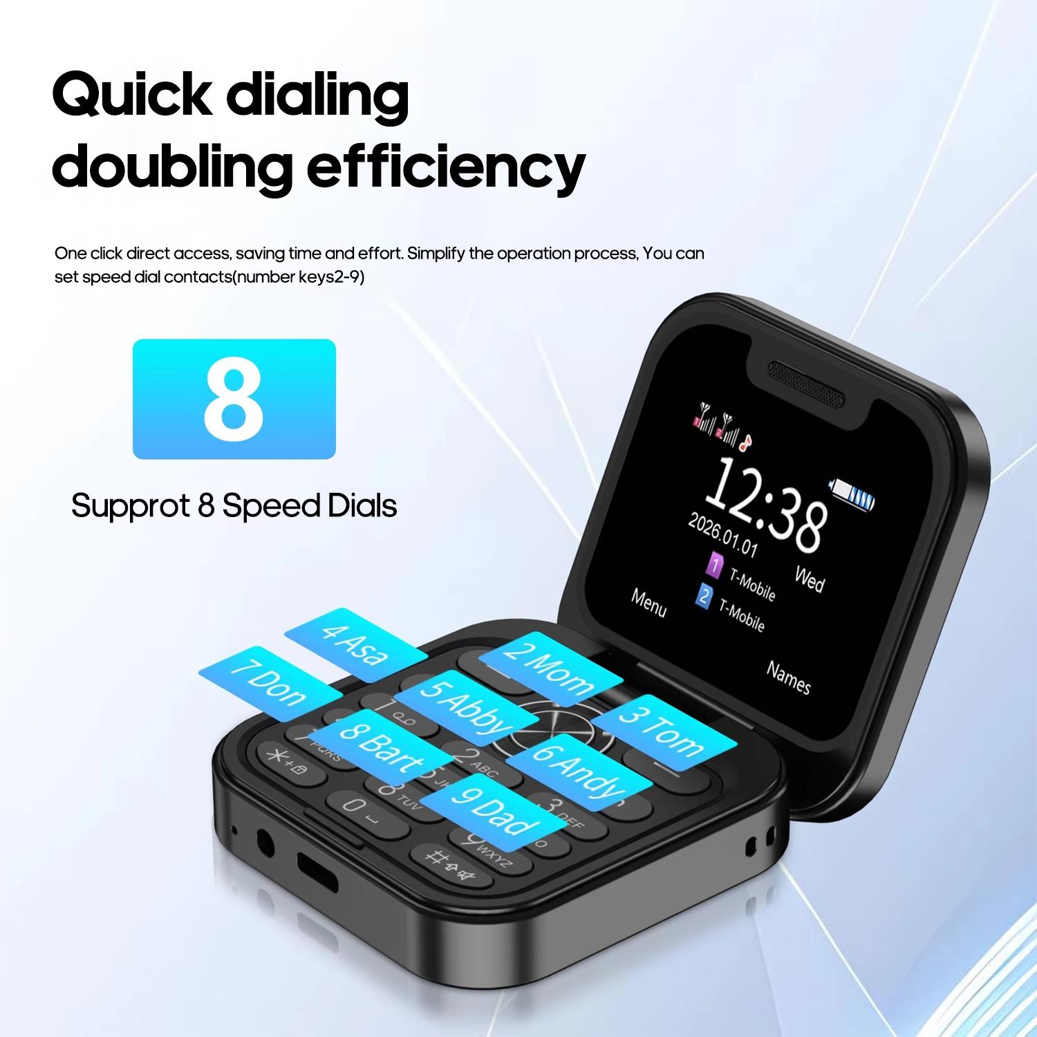 FUFFI fashionable mini folding clamshell phone with 2G network, 1.77-inch high-definition screen, dual SIM dual standby, 1000 mAh battery, flashlight/ music/ video/ convenient lanyard/ maximum support for 8GB capacity expansion